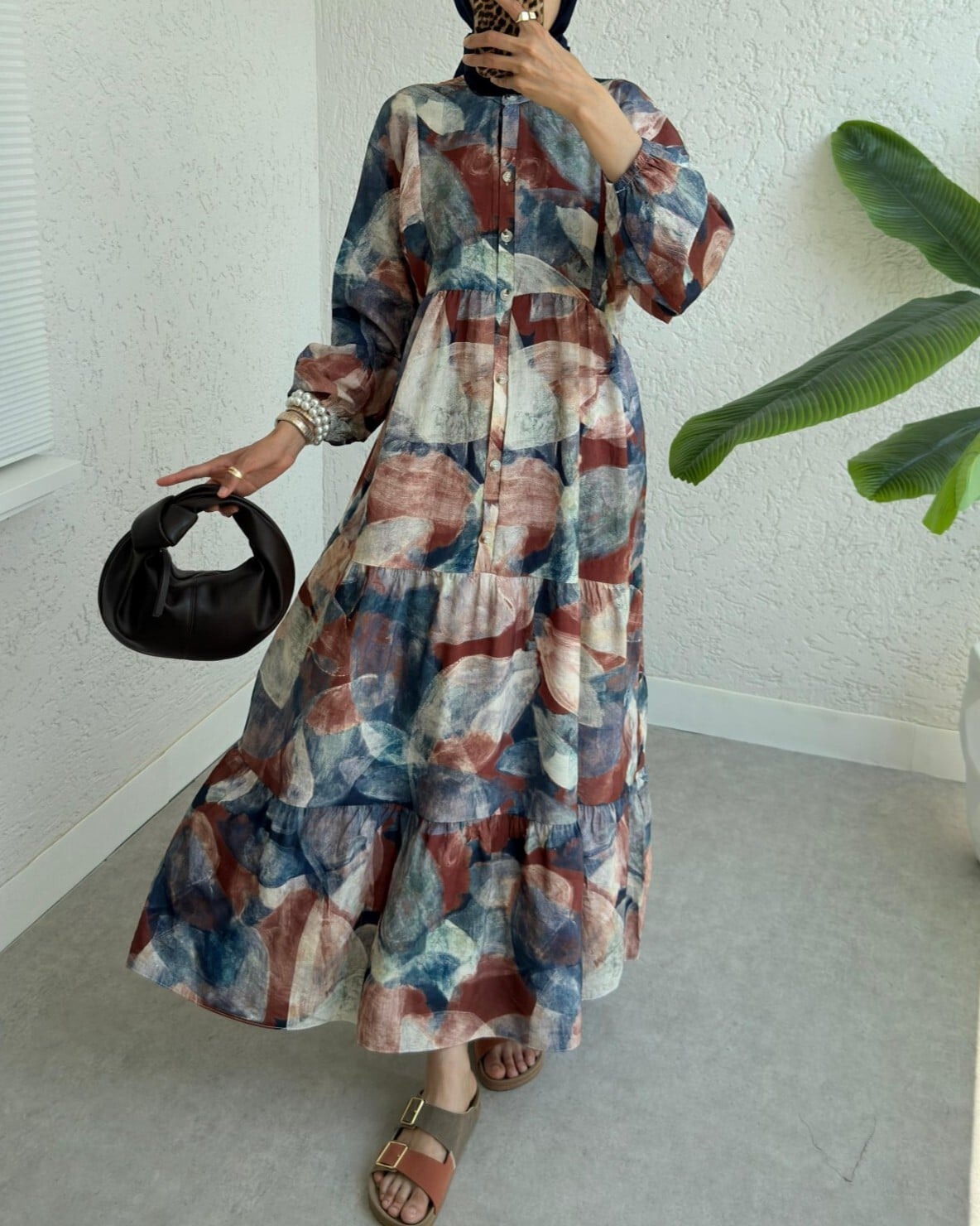Half Button Long Sleeve Batik Print Maxi Dress - Terracotta - Podyumplus - by Peralane - photo 2