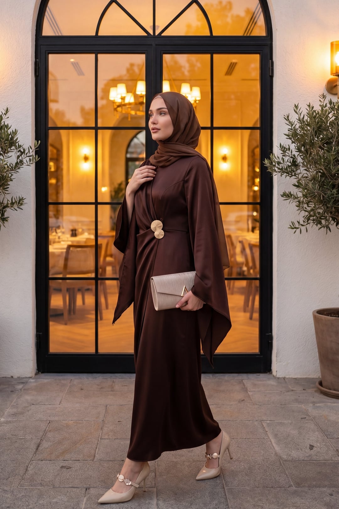 Buckle Detail Double Layer Front Asymmetric Sleeve Satin Evening Dress - Brown - Podyumplus - by Peralane