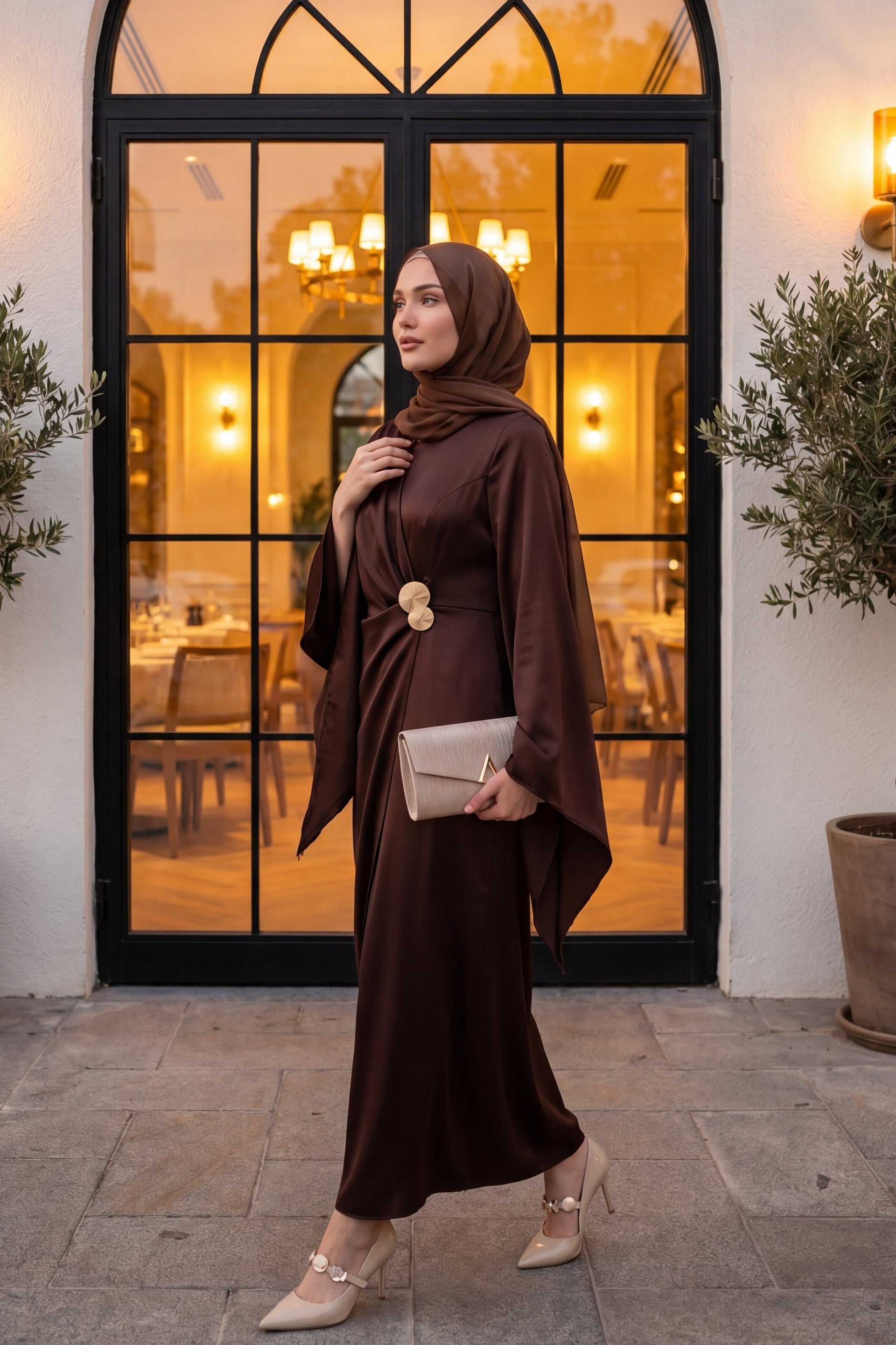 Buckle Detail Double Layer Front Asymmetric Sleeve Satin Evening Dress - Brown - Podyumplus - by Peralane