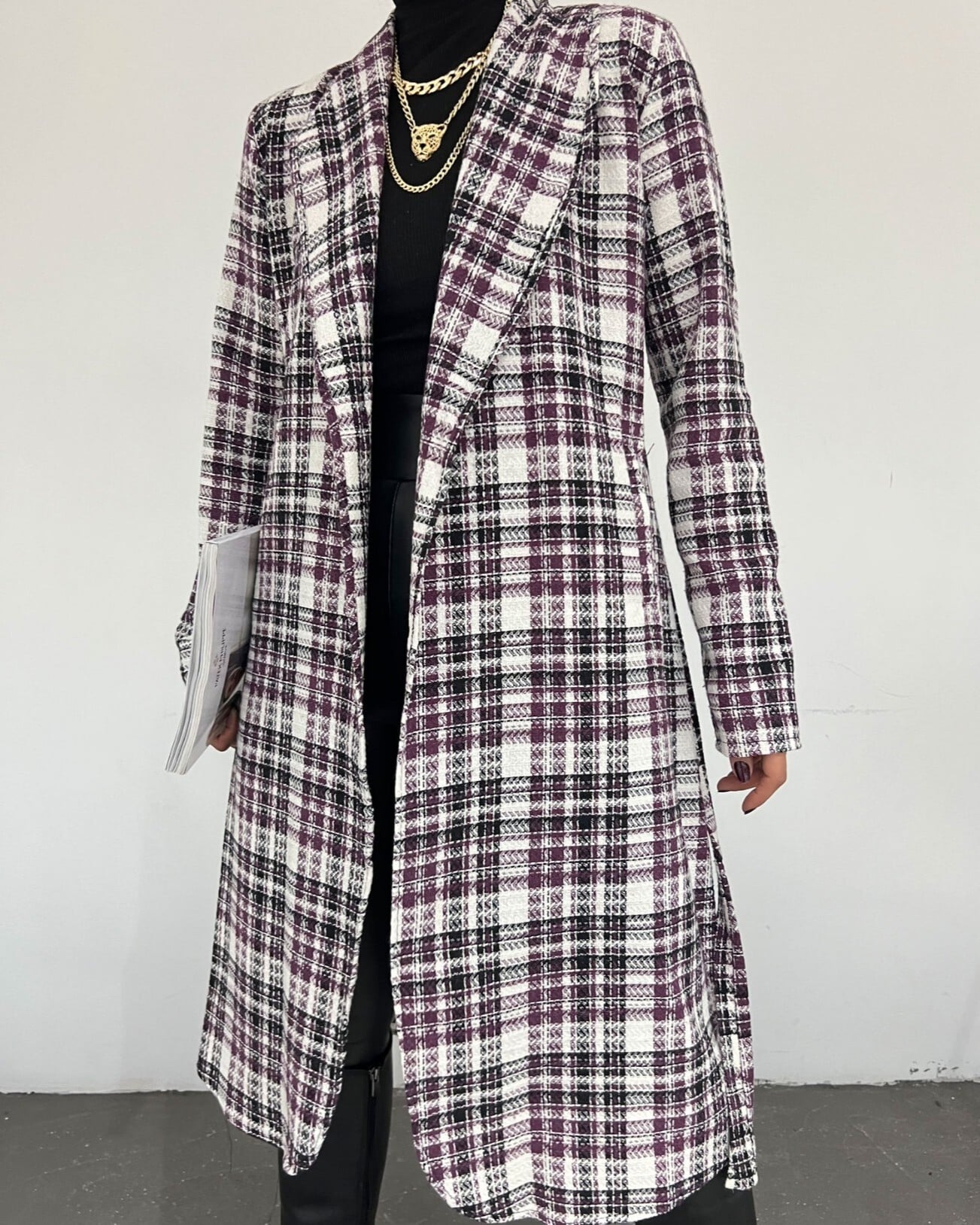 Longline Plaid Shawl Collar Belted Jacket - Purple - Podyumplus - by Peralane - photo 3