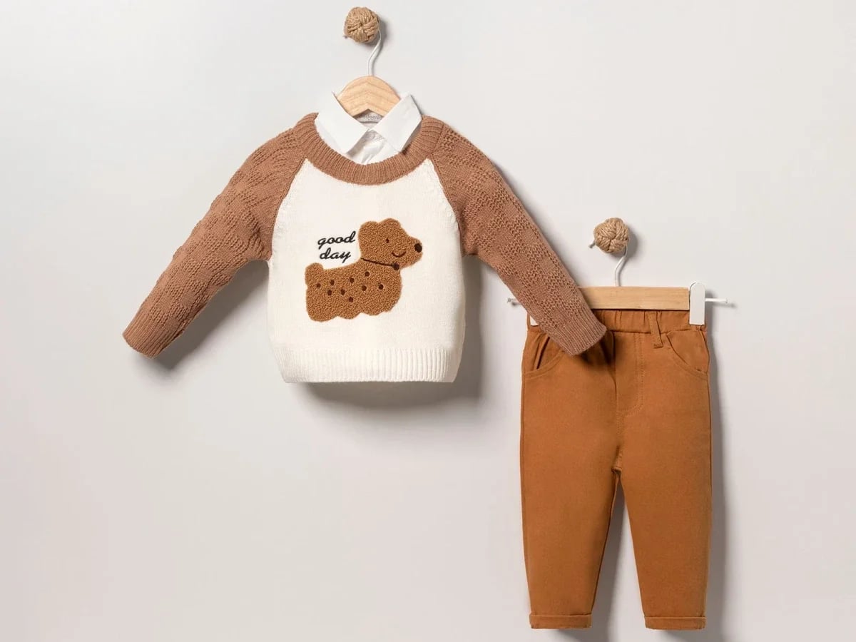 Baby Boy Knit Sweater and Trousers Set with Dog Motif - Eymus - by Peralane