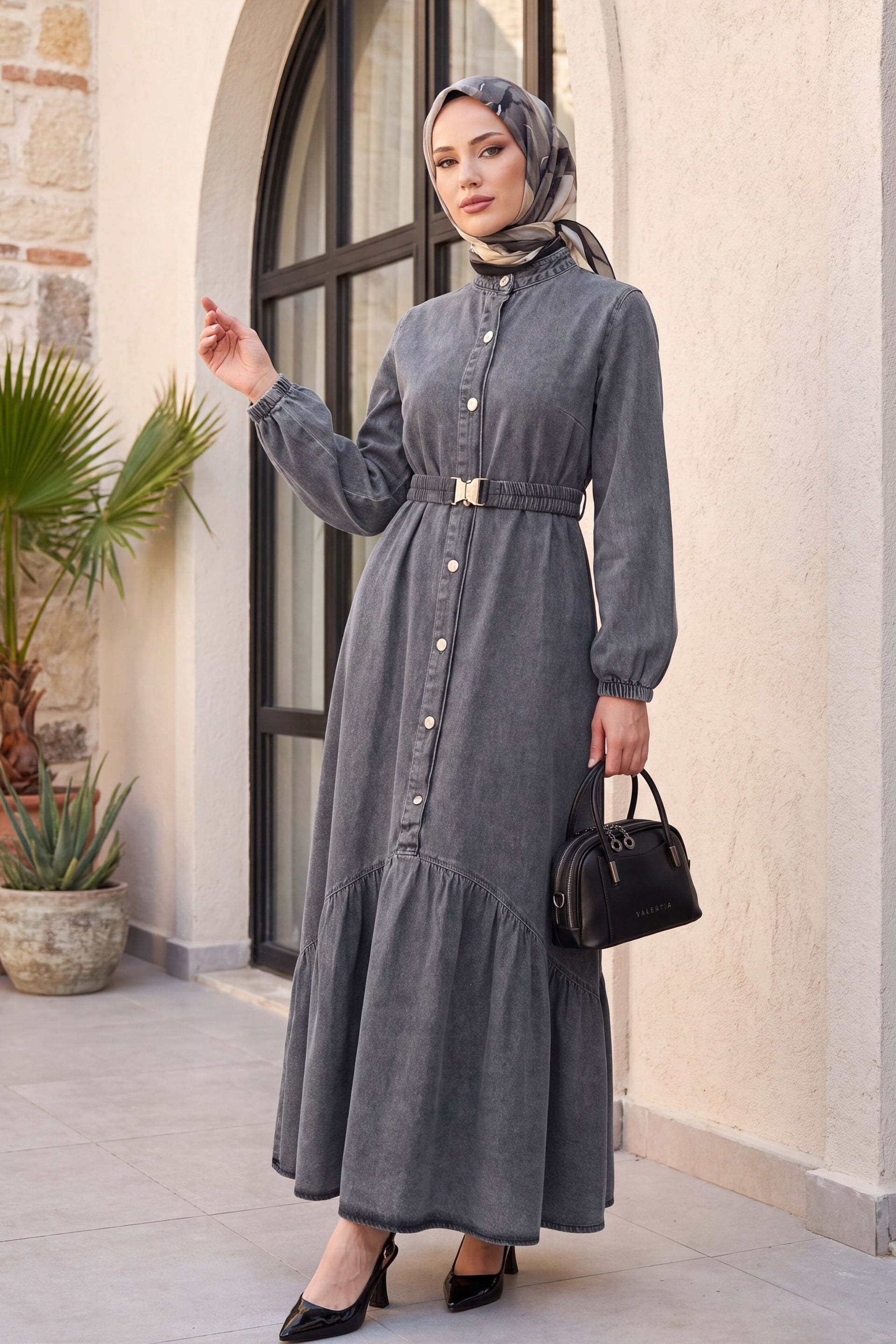 Long Denim Dress with Button Front and Elastic Belt - Smoky Grey - Podyumplus - by Peralane - photo 2