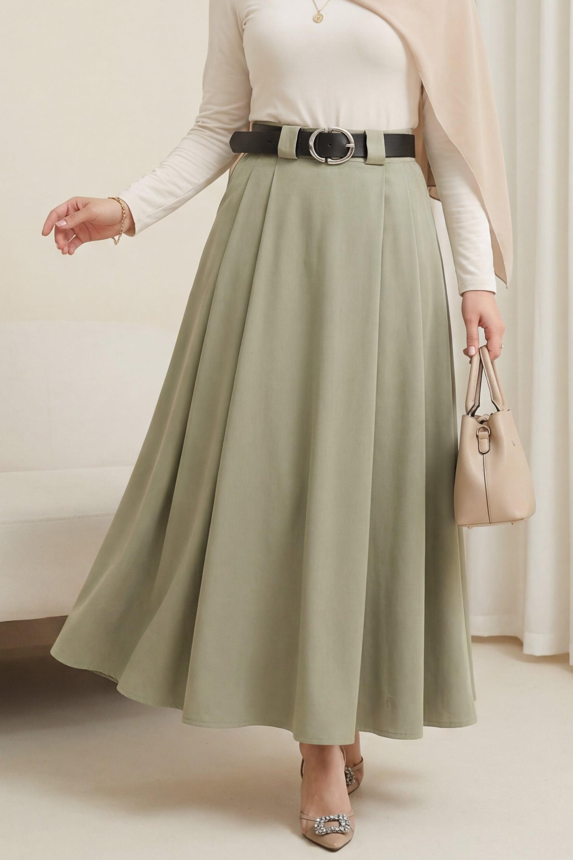 Wide Belt Pleated Front Side Pocket Zip Tweed Skirt - Khaki - Podyumplus - by Peralane