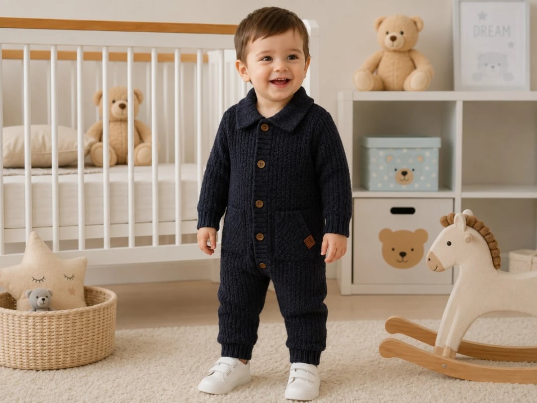 Knitted Baby Romper with Collar and Wooden Buttons - 3 Pack - Has Bereket - by Peralane