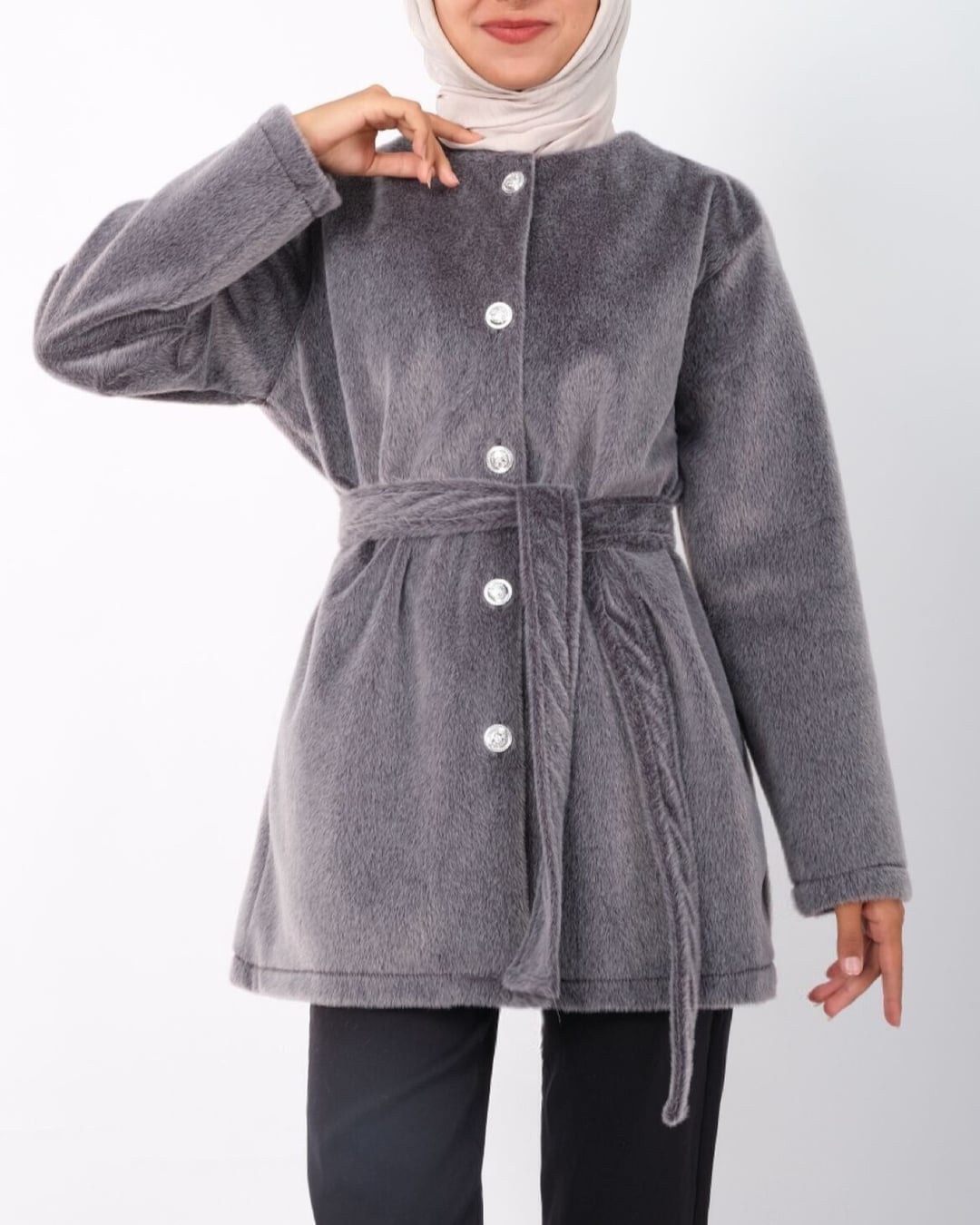 Buttoned Belted Faux Fur Jacket - Smoke Grey - Podyumplus - by Peralane - photo 2