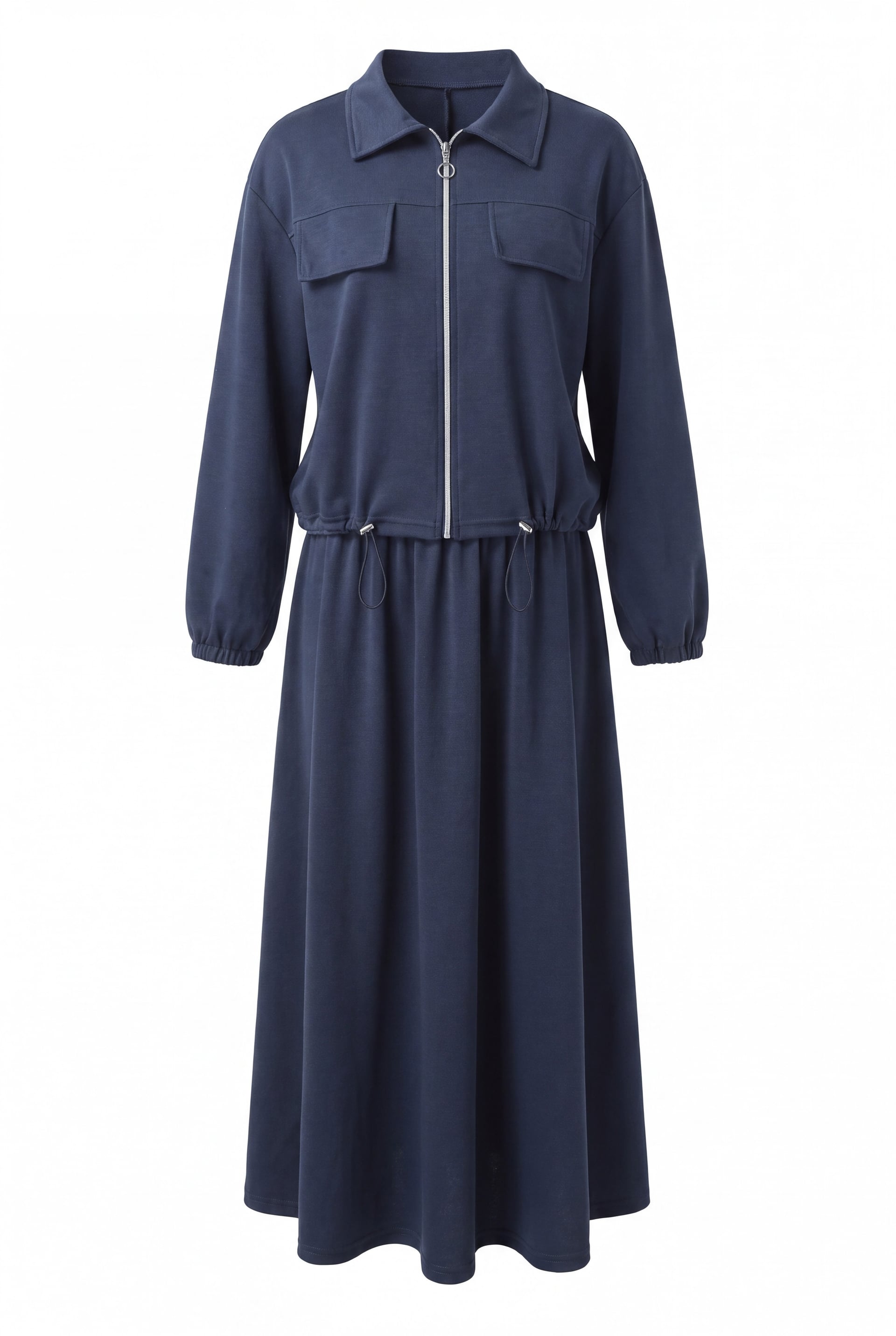 Zip-Up Shirt Collar Jersey Co-ord Set with Long Skirt - Navy Blue - Podyumplus - by Peralane - photo 5