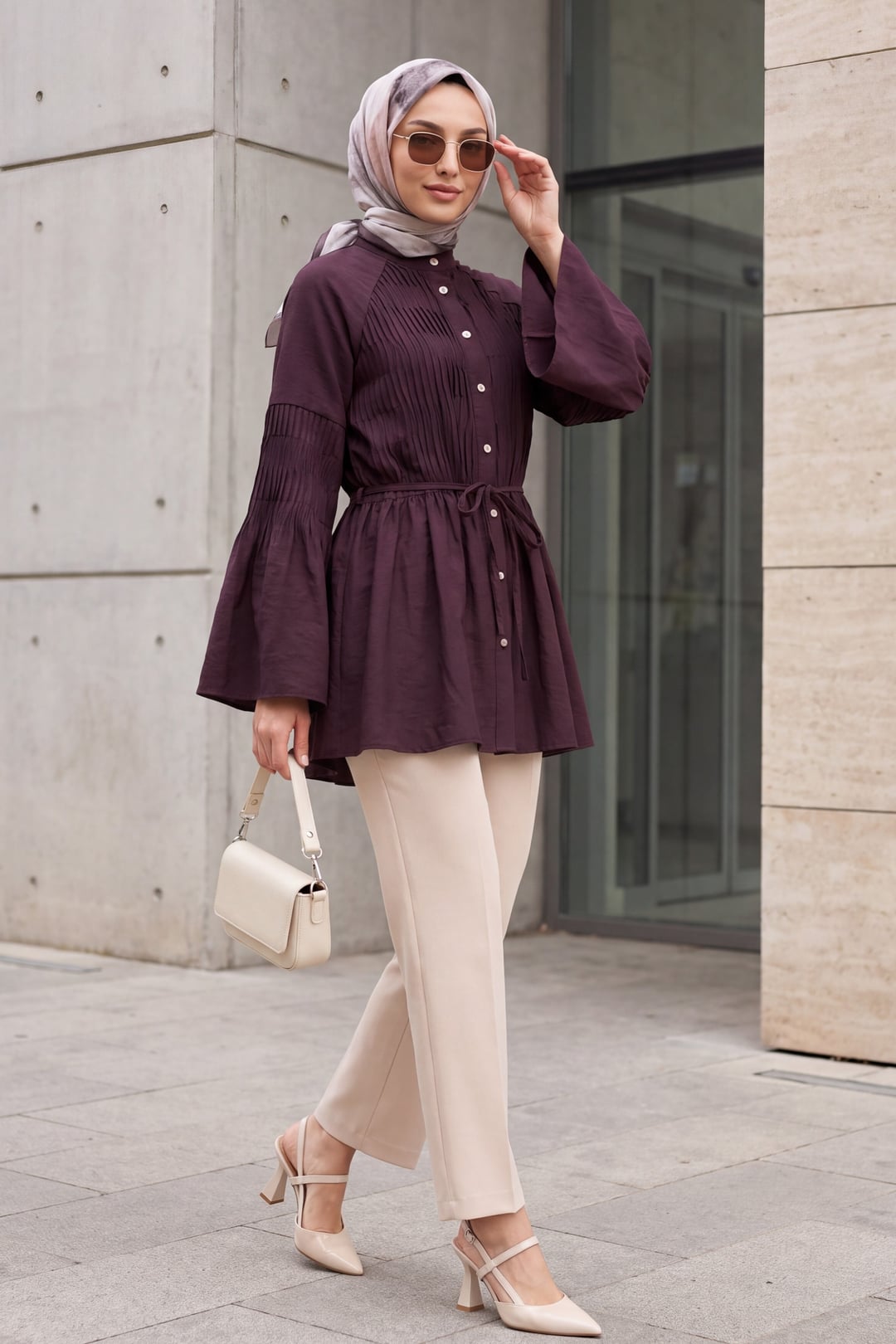 Spanish Sleeve Stone-Button Belted Cupra Tunic - Deep Plum - Podyumplus - by Peralane - photo 5