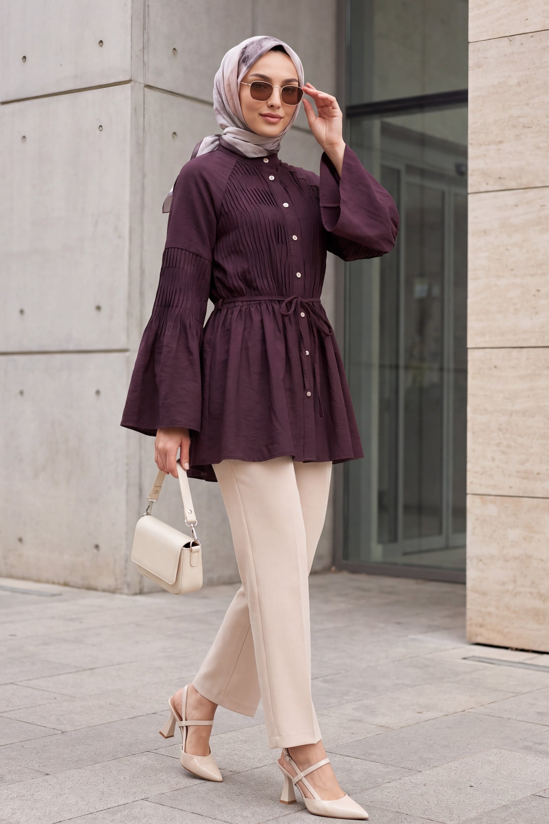 Spanish Sleeve Stone-Button Belted Cupra Tunic - Deep Plum - Podyumplus - by Peralane - photo 5