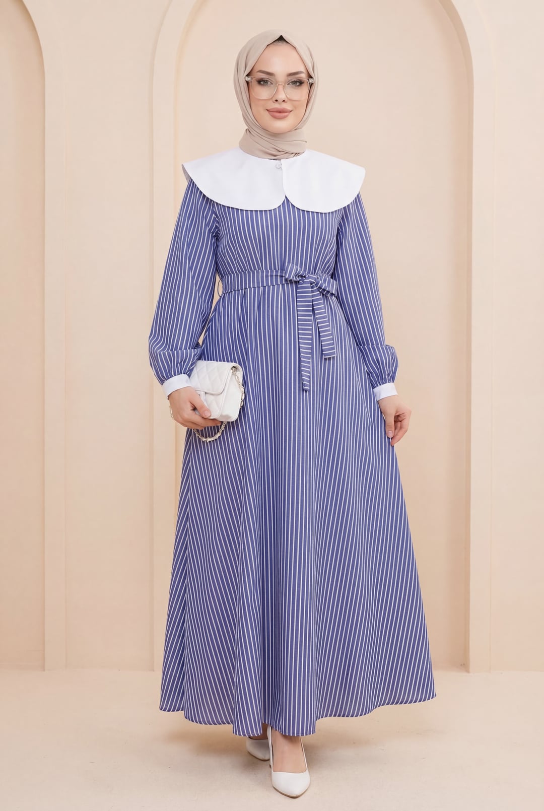 Peter Pan Collar Striped Long Dress with Tie Belt - Navy - Podyumplus - by Peralane - photo 2