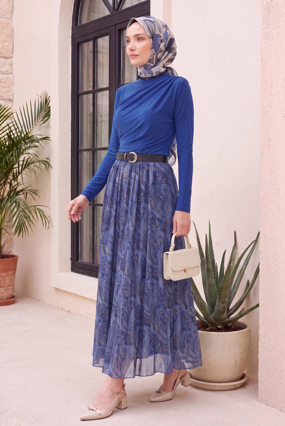 Elasticated Waist Belted Lined Patterned Tulle Skirt - Indigo - Podyumplus - by Peralane - photo 5
