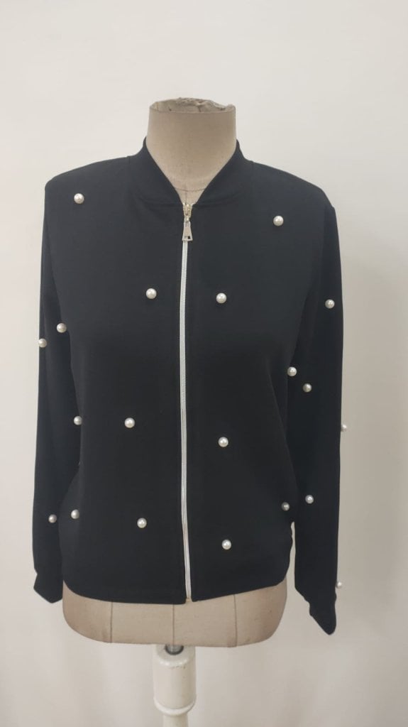Women's Black Pearl Embellished Zip-Front Bomber Jacket - Janes - by Peralane - photo 6
