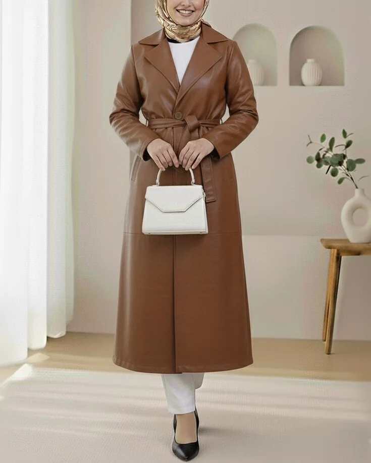Brown Faux Leather Belted Trench Coat with Side Pockets - Podyumplus - by Peralane - photo 2