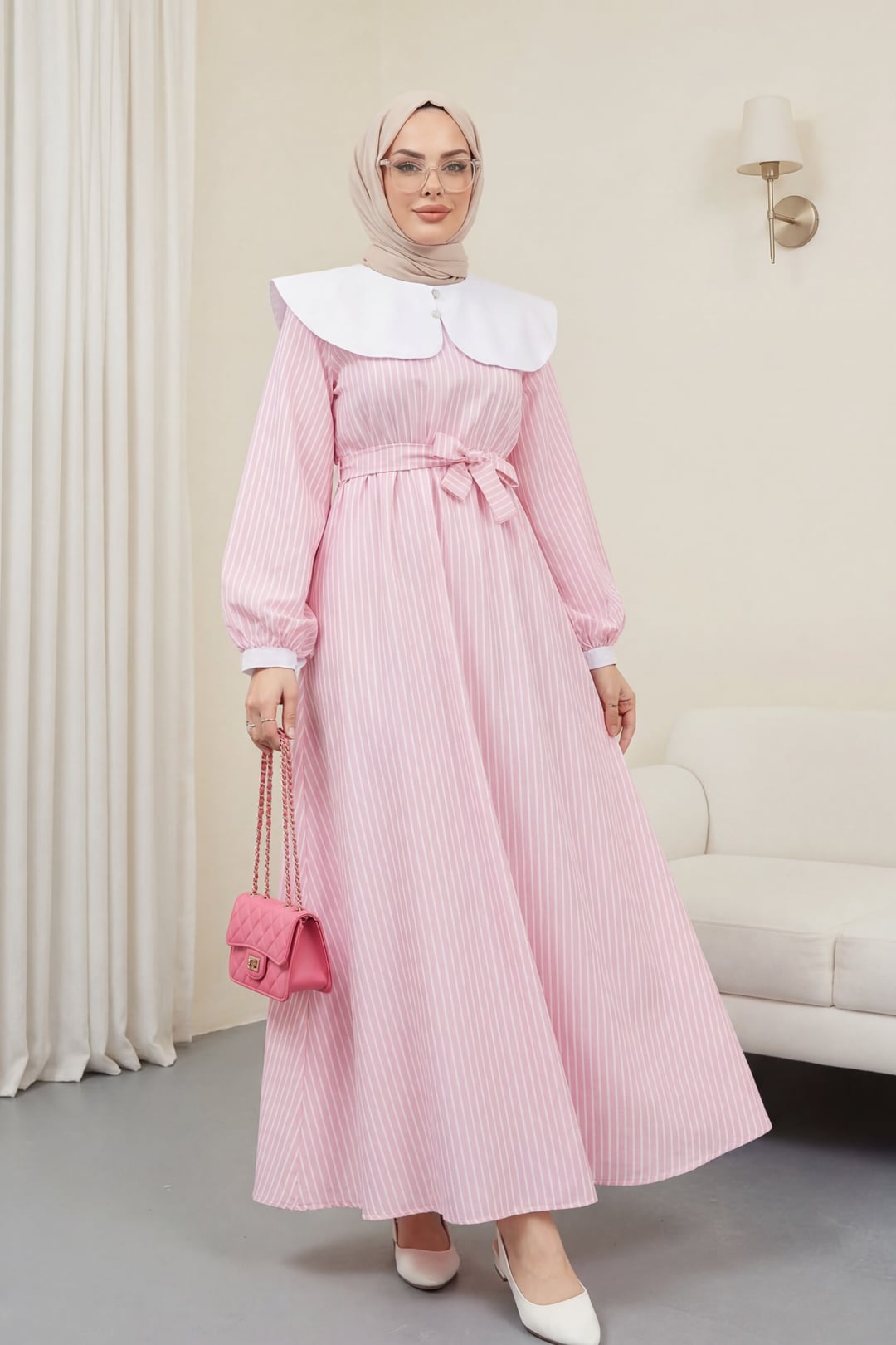 Pink Striped Peter Pan Collar Long Dress with Belt - Podyumplus - by Peralane