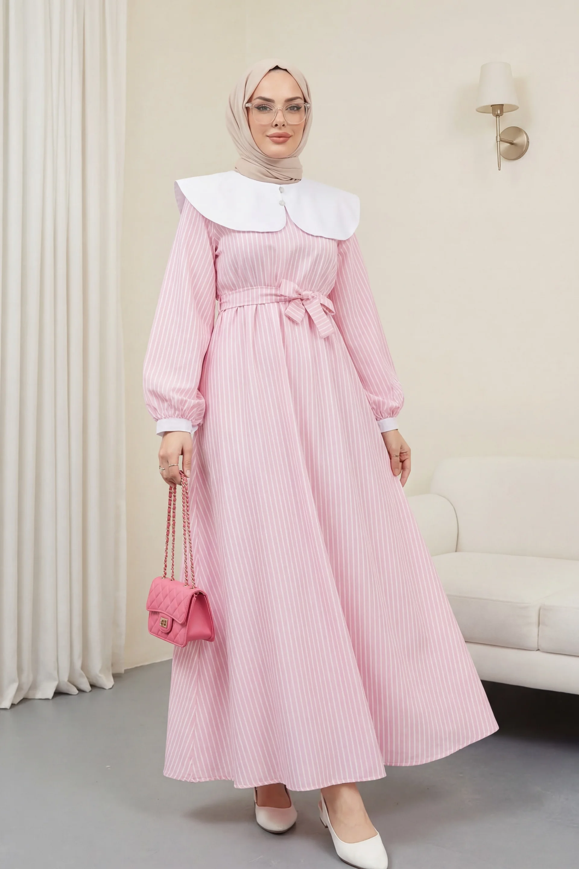 Pink Striped Peter Pan Collar Long Dress with Belt - Podyumplus - by Peralane