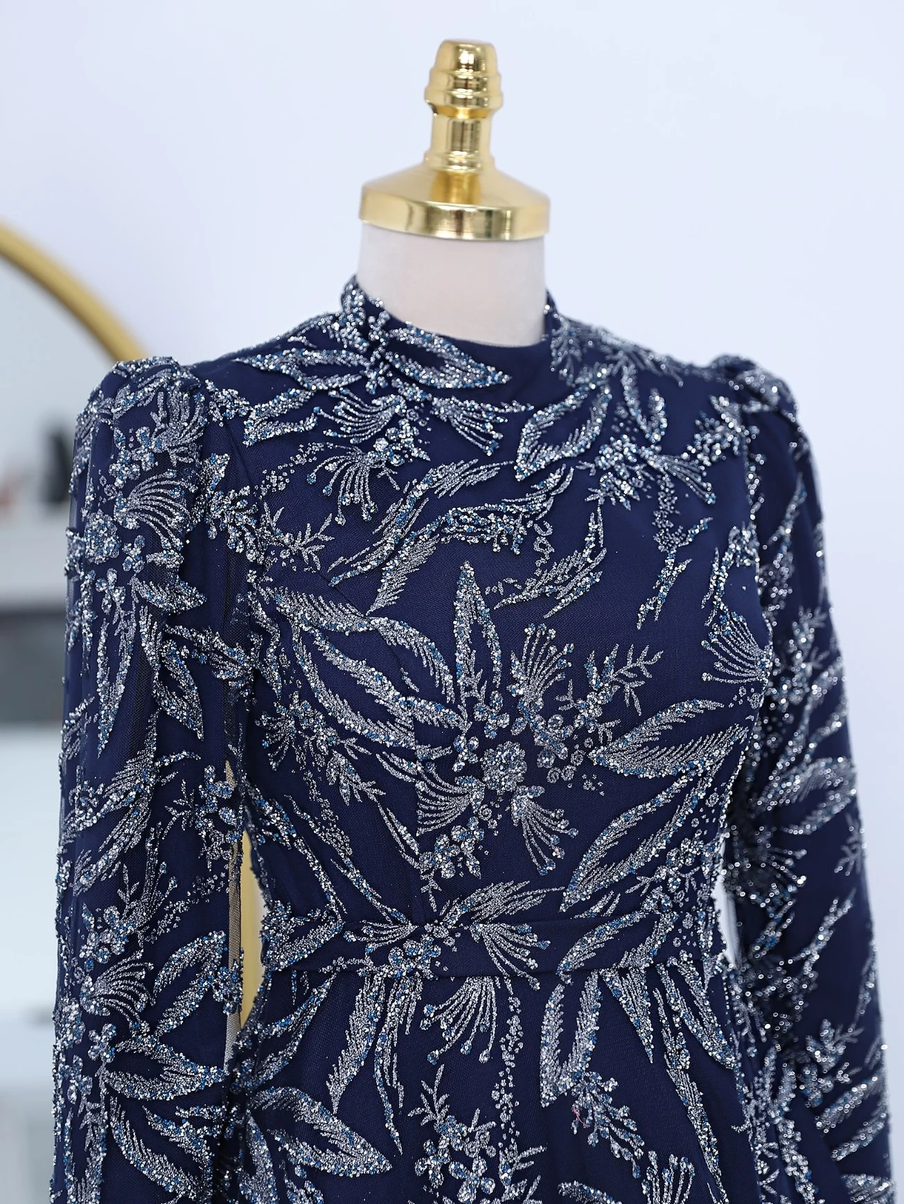 Navy Blue Long-Sleeve Tulle Evening Dress with Stone and Sequin Details - Podyumplus - by Peralane - photo 6