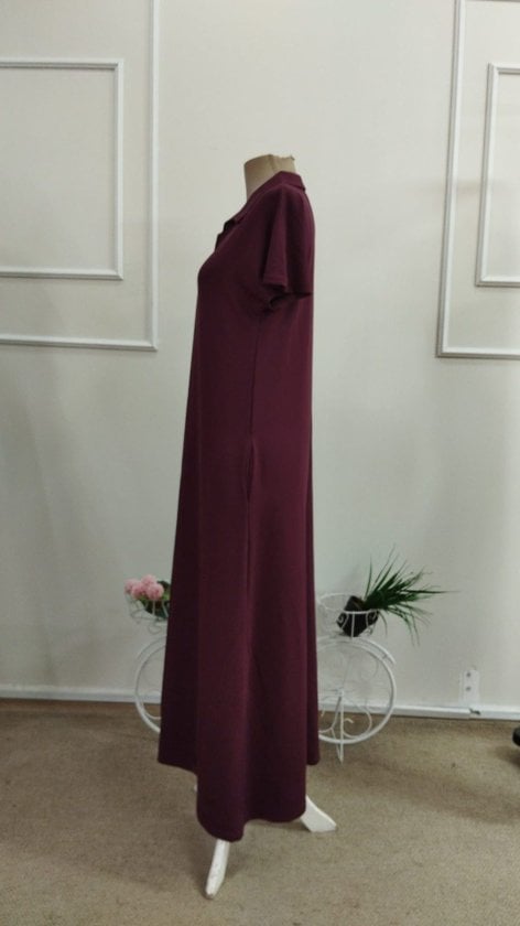 Women's Long-Sleeved Collared V-Neck Jersey Dress in Burgundy - Janes - by Peralane - photo 6