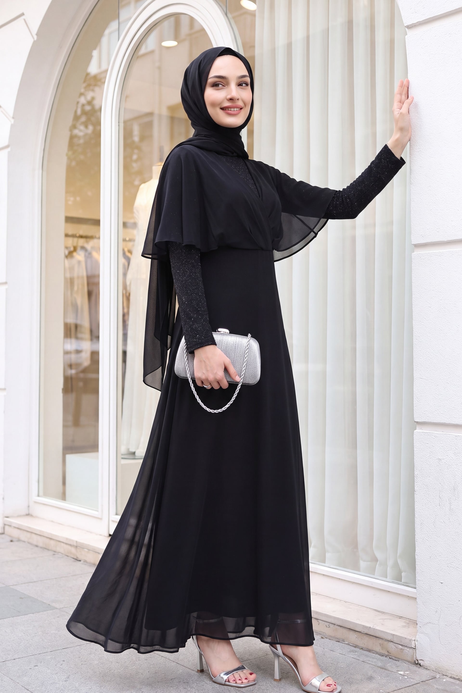 Black Sequin Chiffon Long Evening Dress - Podyumplus - by Peralane