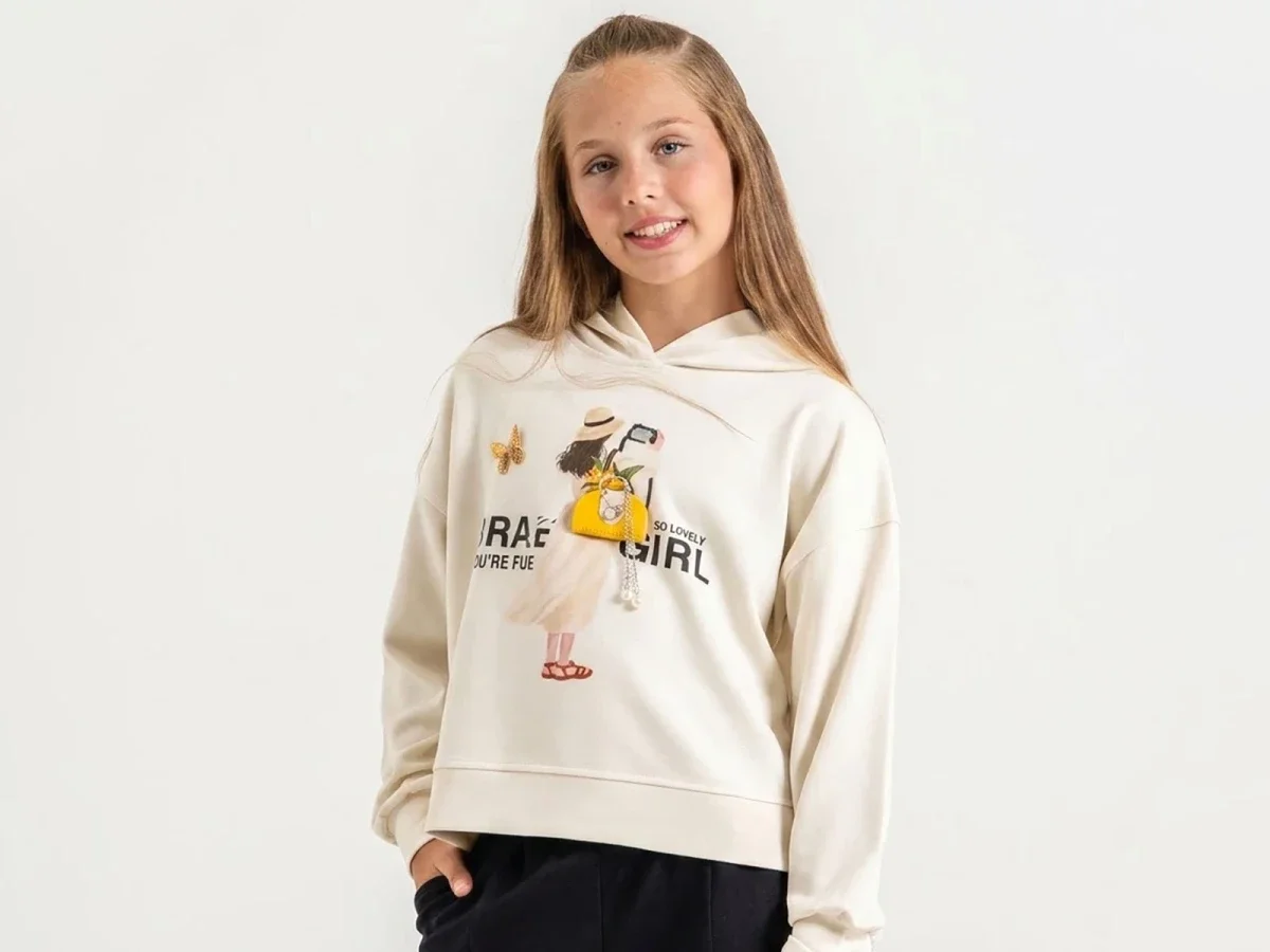 Girls' Butterfly Embroidery Stone Detail Sweatshirt - Cream - ÖZ Bebe - by Peralane