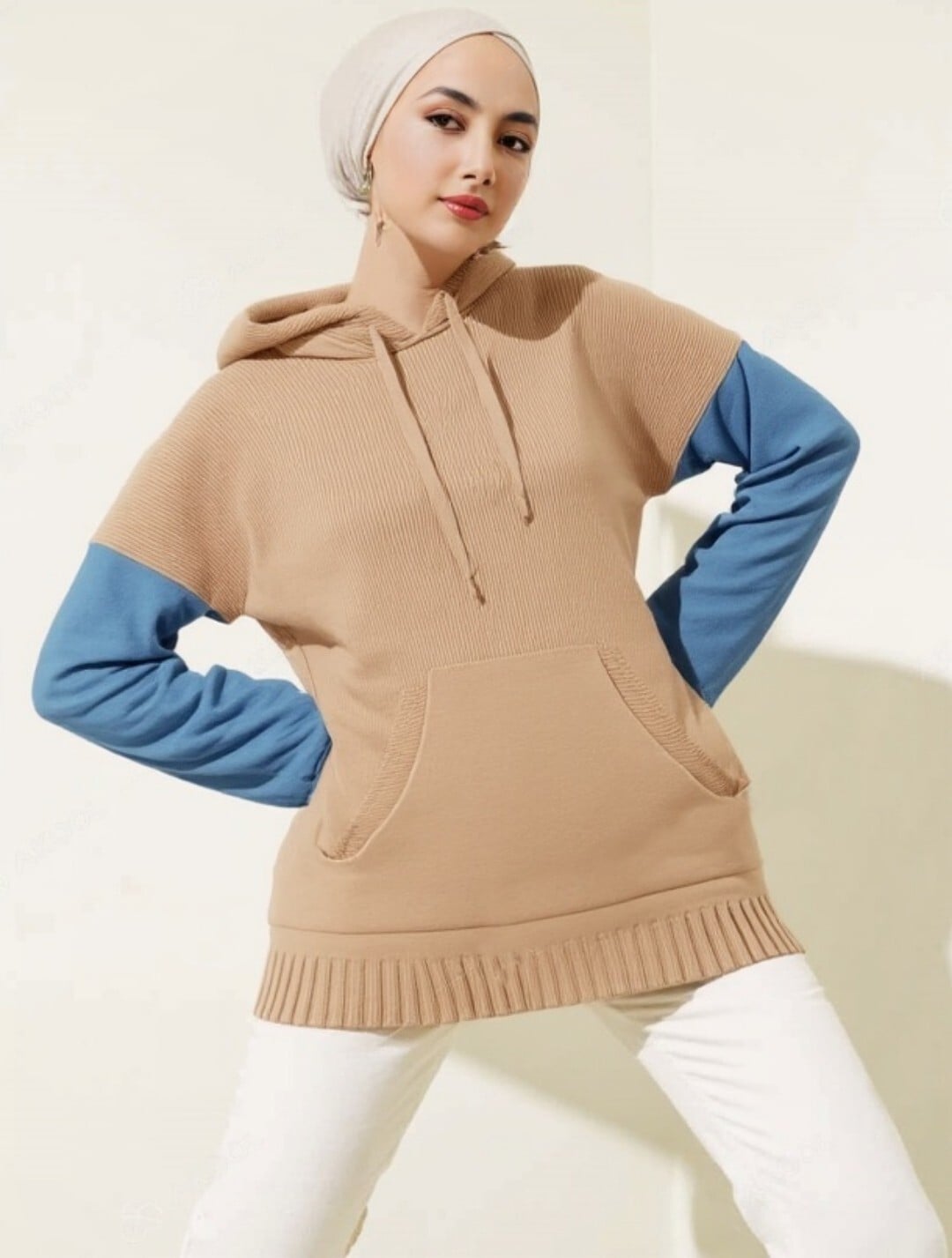 Women's Hooded Knit Sweatshirt with Denim Sleeve Detail and Kangaroo Pocket - Beige - Podyumplus - by Peralane - photo 6