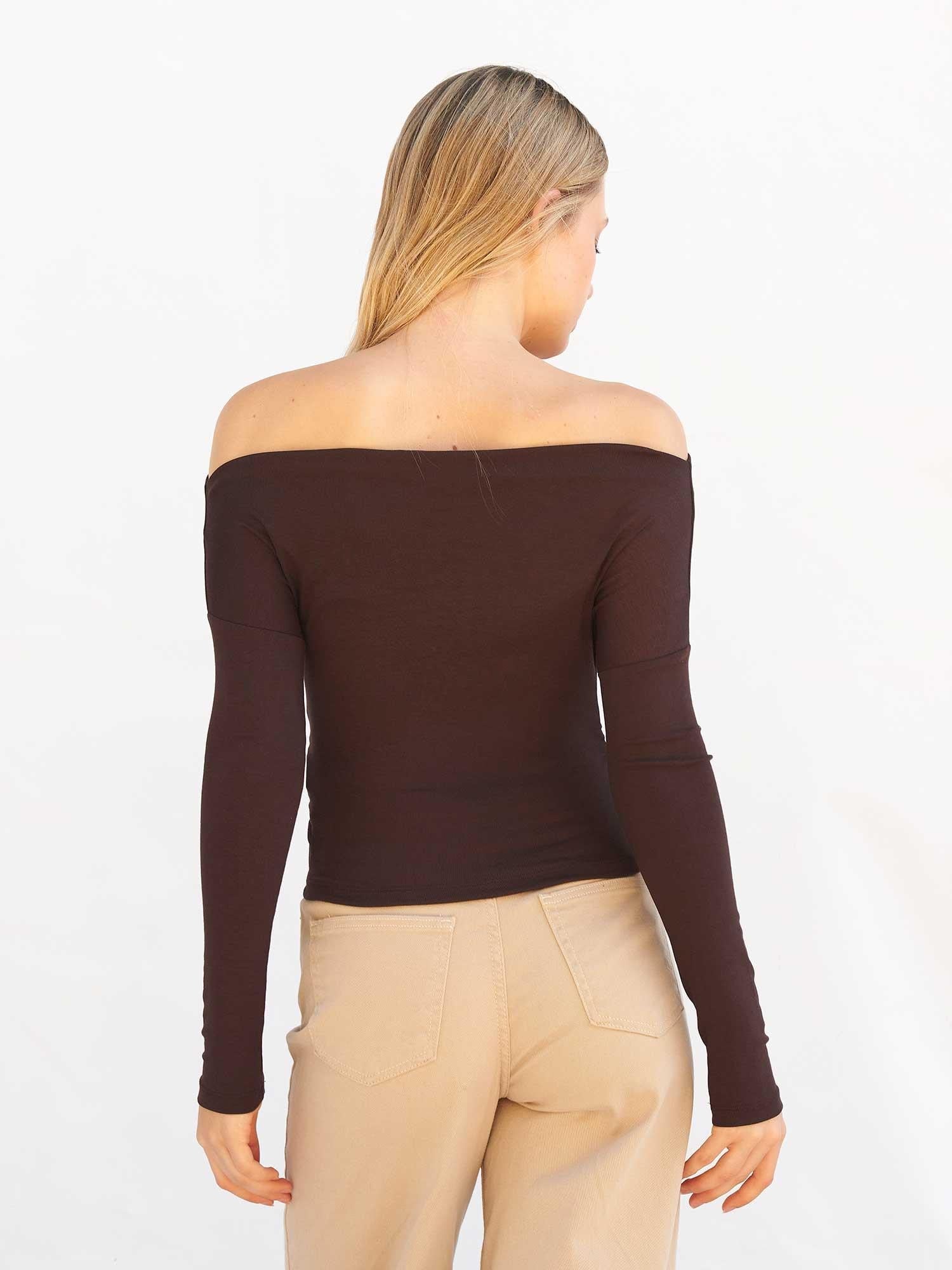 Dark Brown Off-Shoulder Ribbed Knit Top with Asymmetrical Hem - Lefon - by Peralane - photo 3