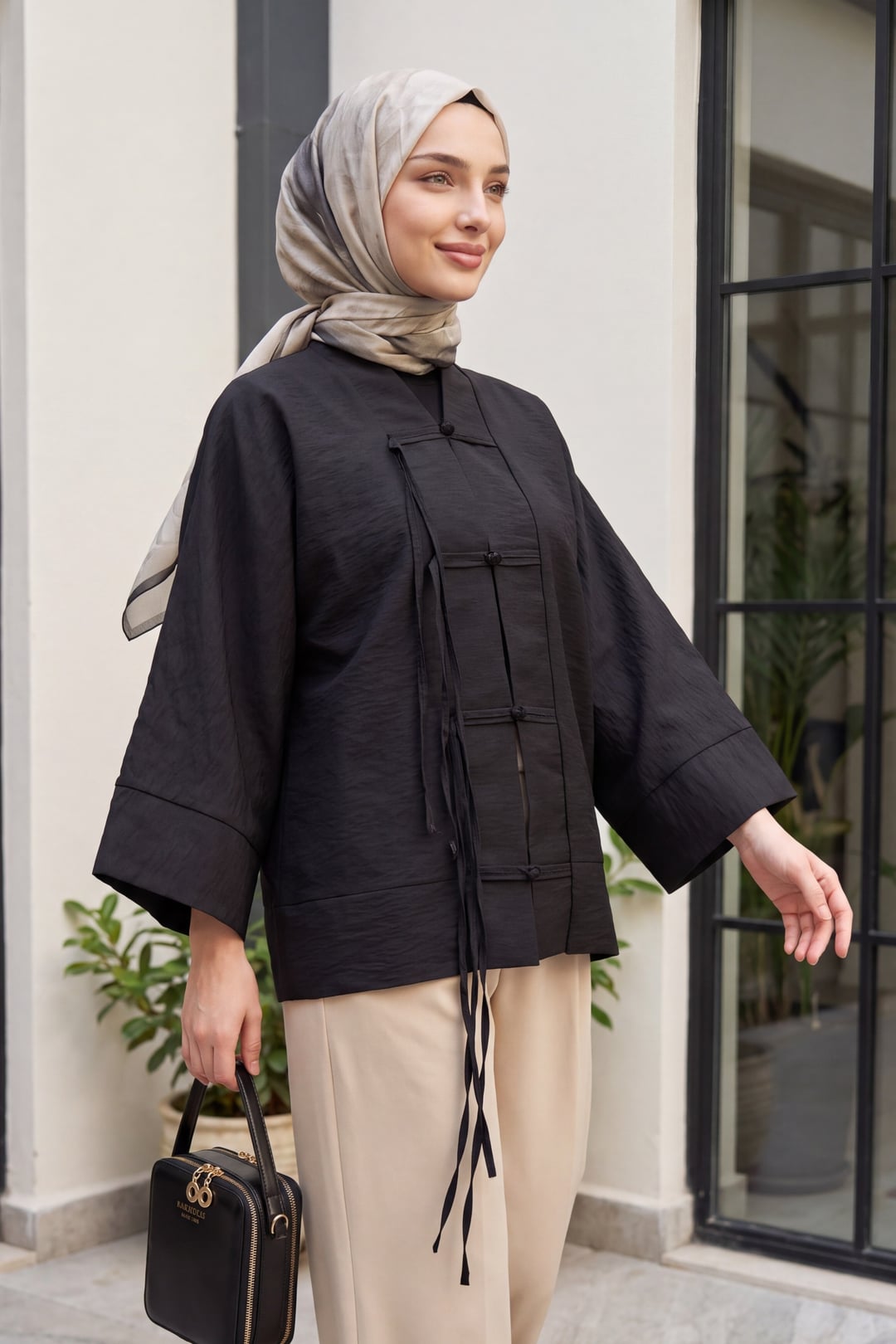 Black Mandarin Collar Parachute Kimono with Chinese Knot Closure - Podyumplus - by Peralane
