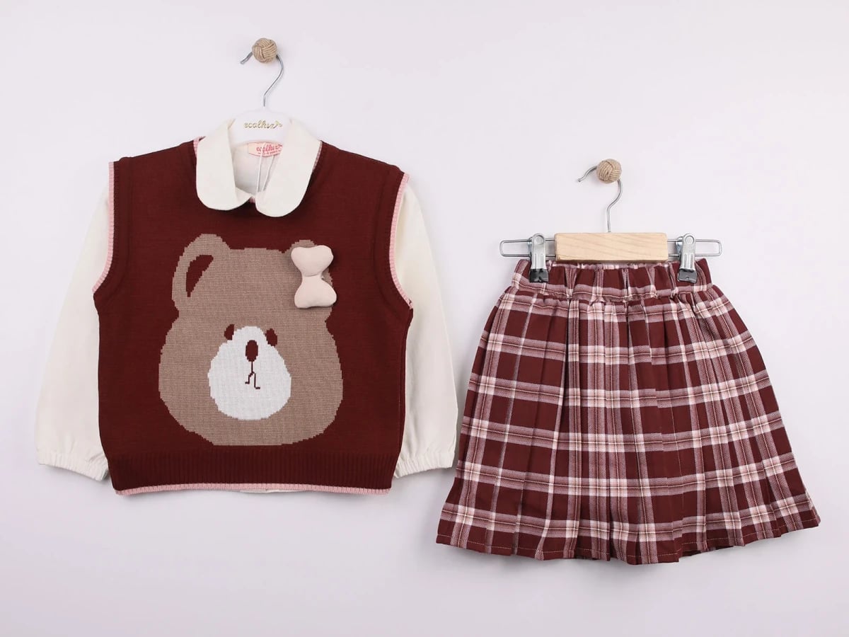Girl's Knitted Bear Vest, Shirt and Pleated Skirt Set - Ecolkiz - by Peralane