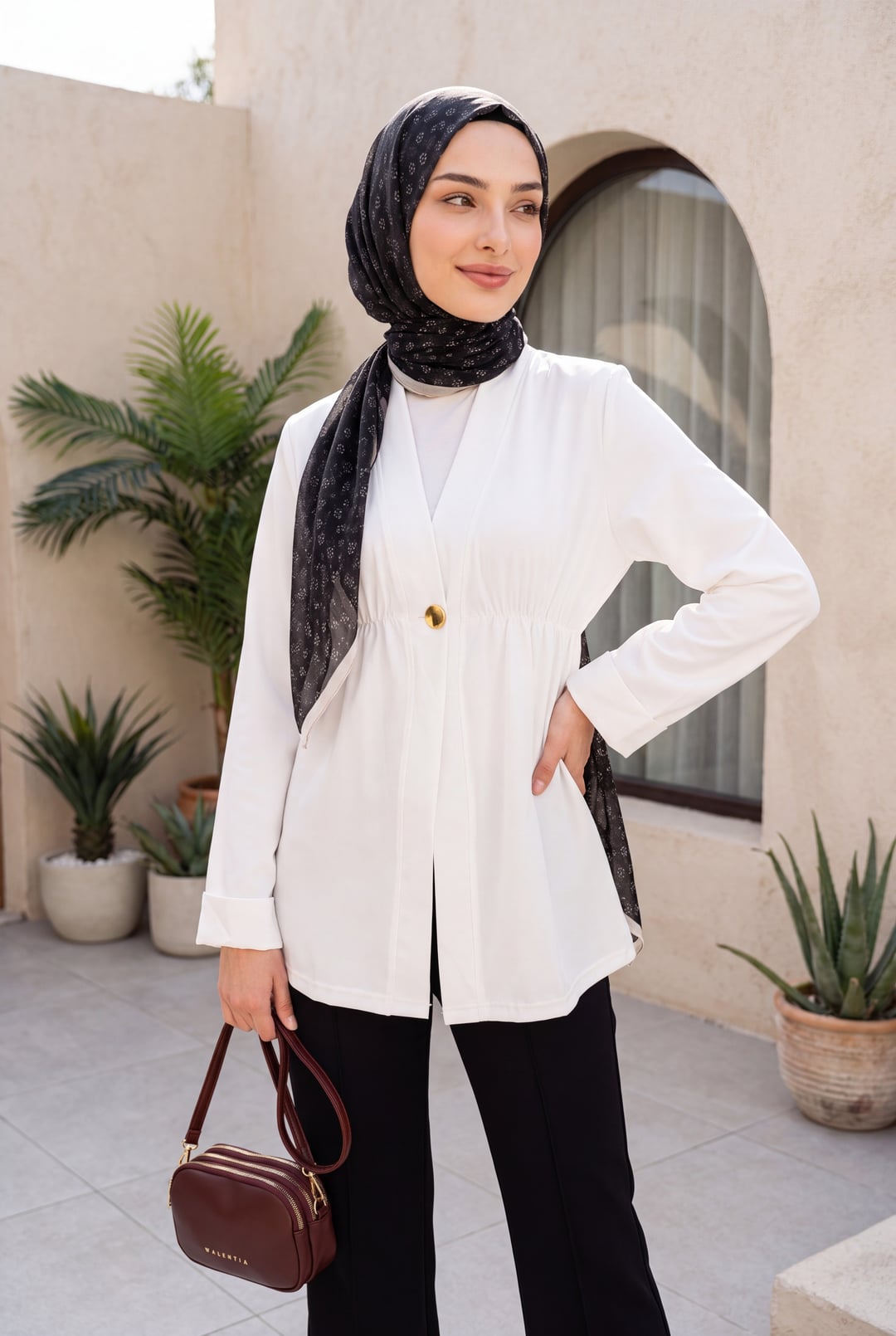 White Elasticated Waist One-Button Crepe Kimono with Folded Sleeves - Podyumplus - by Peralane - photo 3