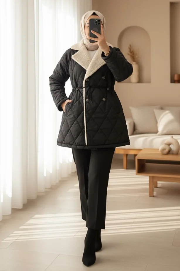 Quilted Jacket with Faux Fur Trim and Elastic Waist - Black - Podyumplus - by Peralane