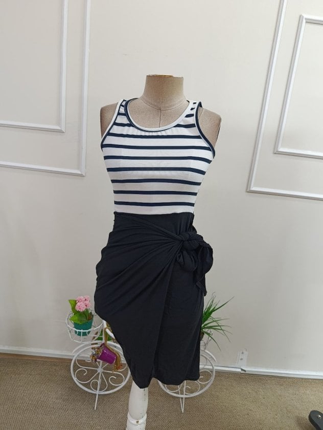 Women's Sleeveless Wrap Dress with Round Neckline and Striped Bodice - Janes - by Peralane - photo 2