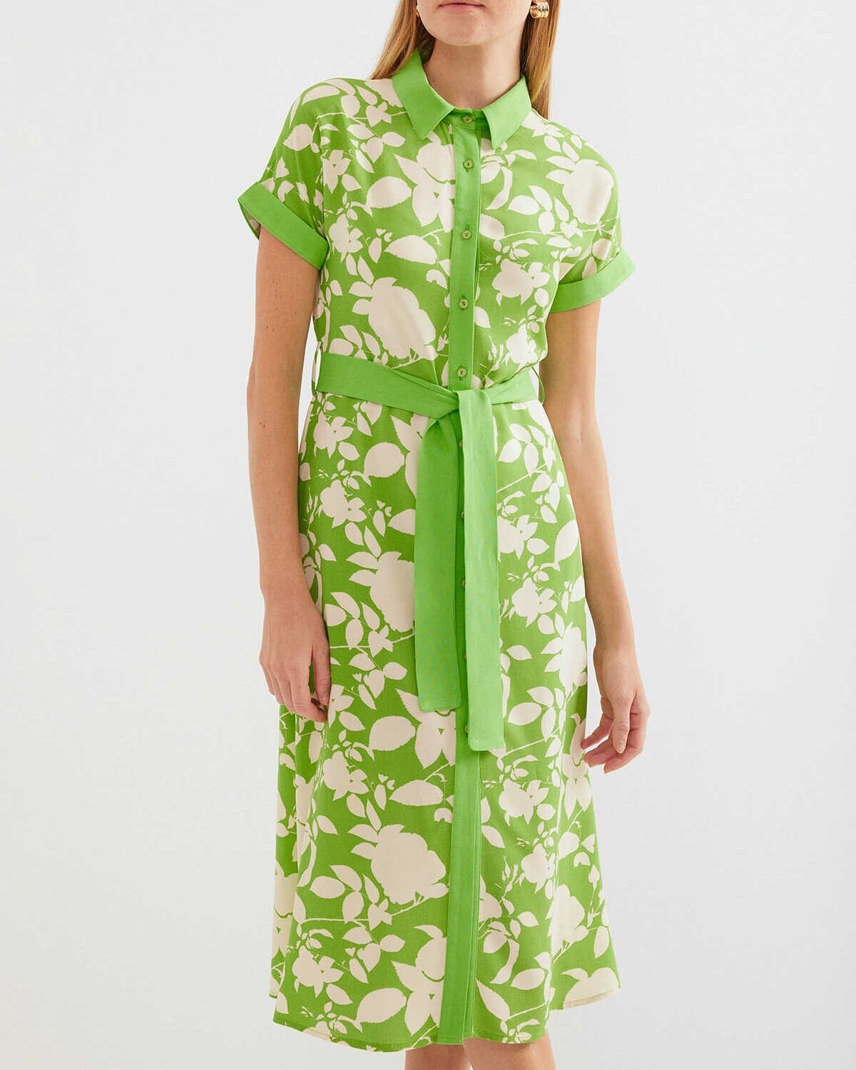 Green Floral Print Collared Midi Shirt Dress with Belt - Bigdart - by Peralane - photo 2