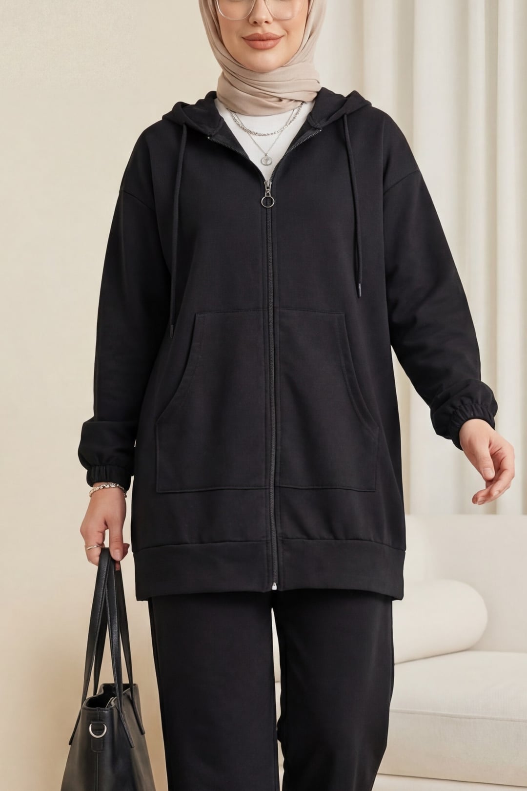 Zip-Front Hooded Jersey Lounge Set - Black - Podyumplus - by Peralane - photo 3
