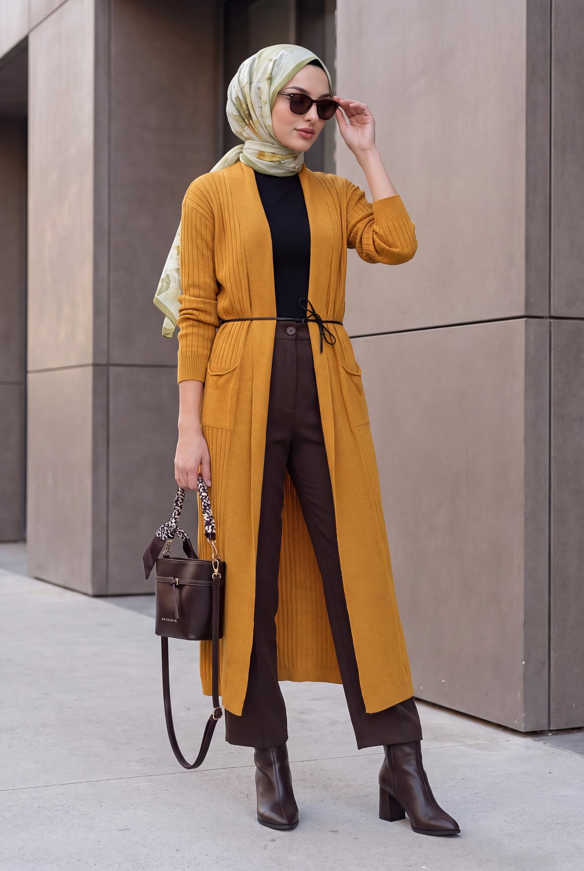 Long Mustard Yellow Ribbed Knit Cardigan with Tie Belt - Wholeskop - by Peralane - photo 2