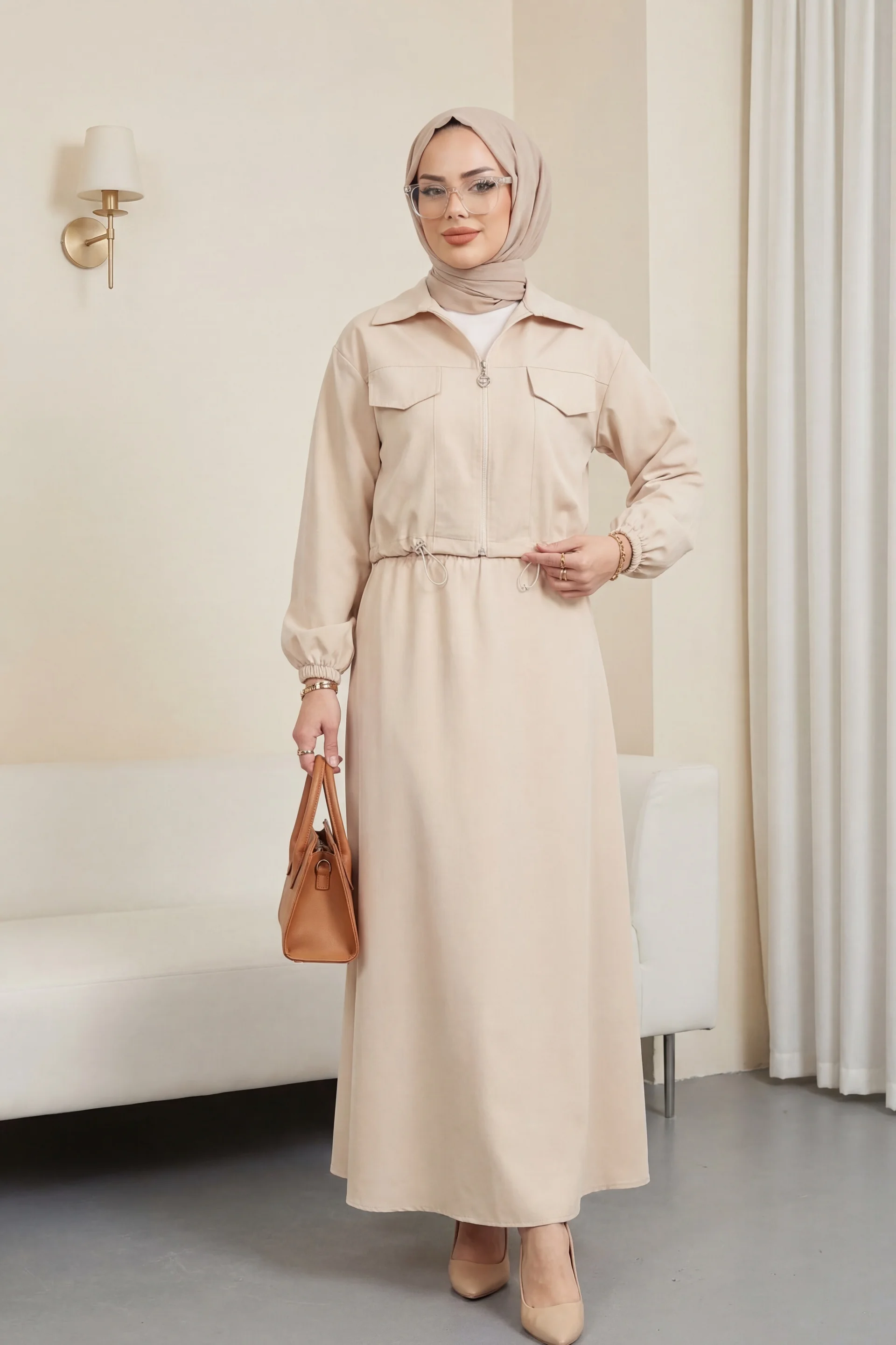 Beige Bonded Two-Piece Set with Elastic Waist Skirt - Podyumplus - by Peralane