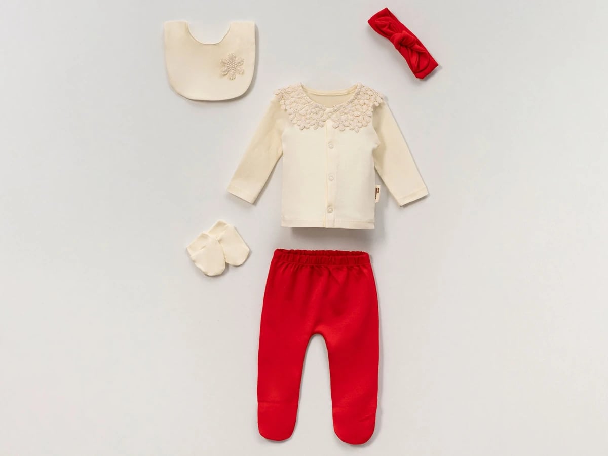 Girl Baby 5-Piece Hospital Exit Bodysuit Set with Lace Collar - Red - Vovido - by Peralane