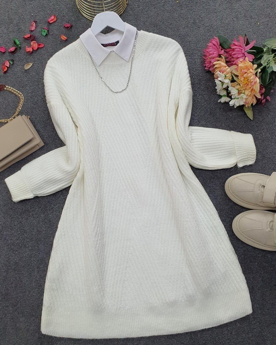White Crew Neck Diamond Pattern Knit Tunic - Podyumplus - by Peralane - photo 3
