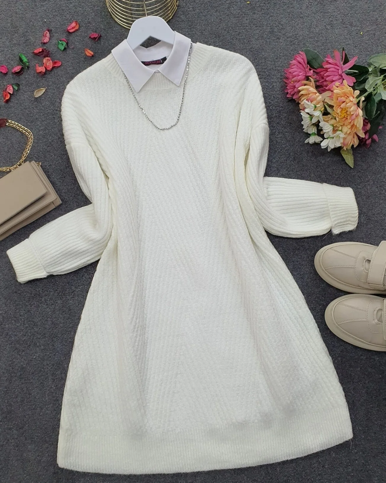 White Diamond Pattern Knit Tunic with Bicycle Neckline - Podyumplus - by Peralane - photo 3