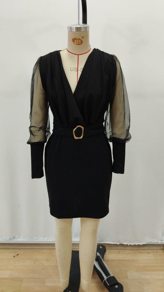 Women's Long-Sleeve Wrap-Style Crepe Dress with Belt, Black, Knee-Length - Janes - by Peralane - photo 6