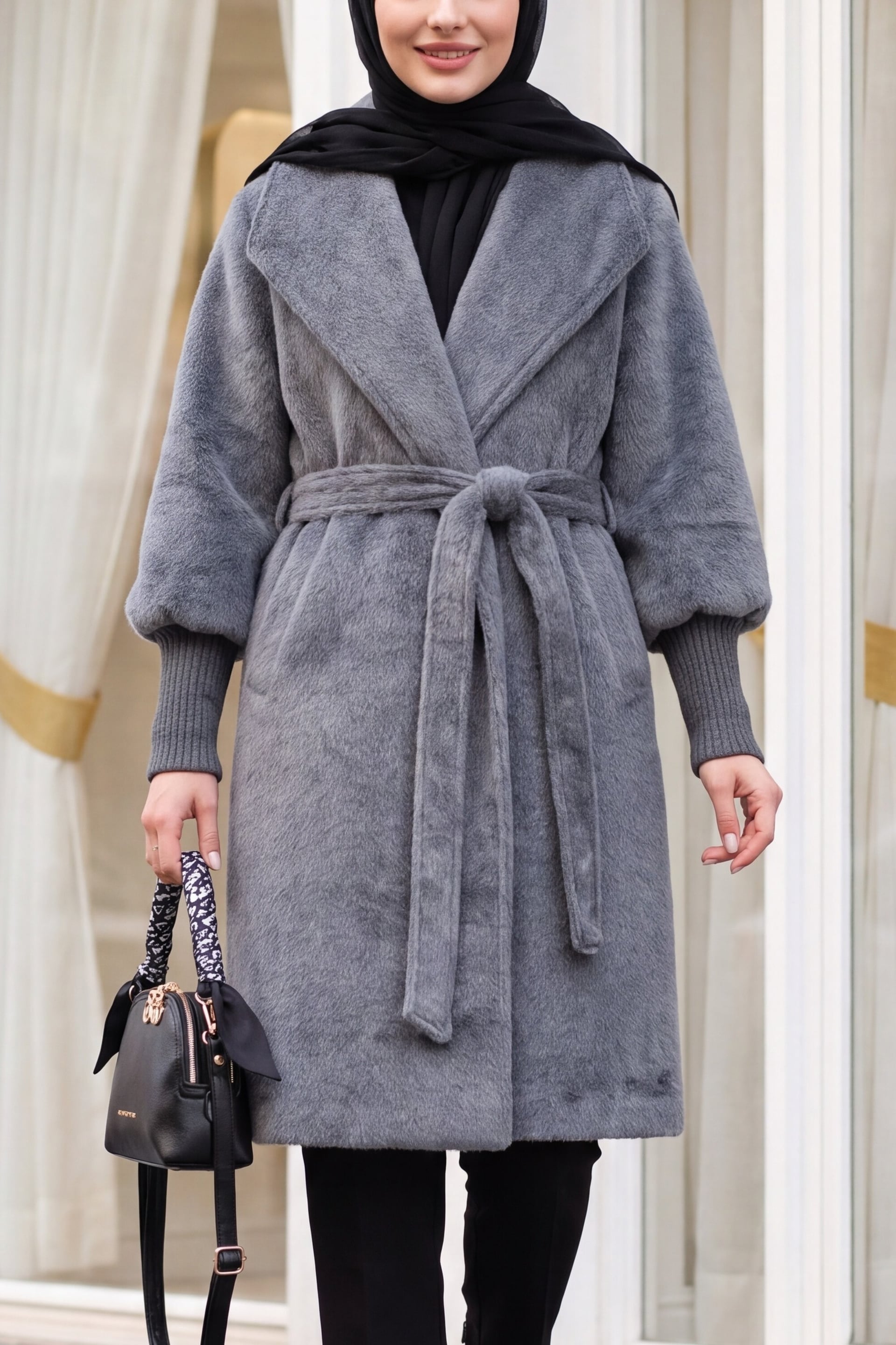 Shawl Collar Lined Faux Wool Coat with Ribbed Cuffs - Smoke Grey - Podyumplus - by Peralane