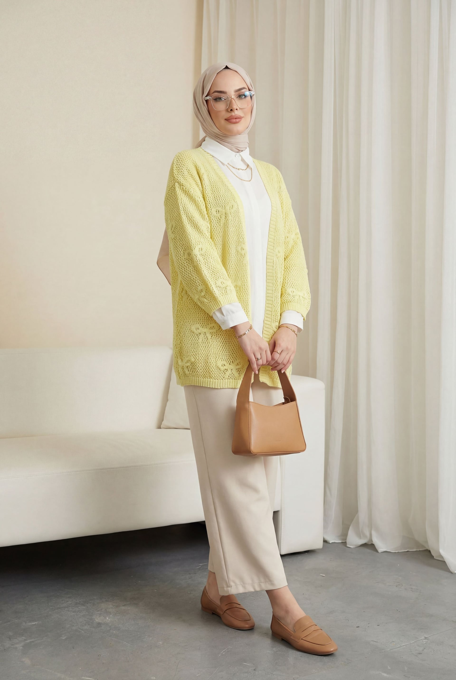 Bow Patterned Openwork Knit Cardigan - Yellow - Podyumplus - by Peralane - photo 2