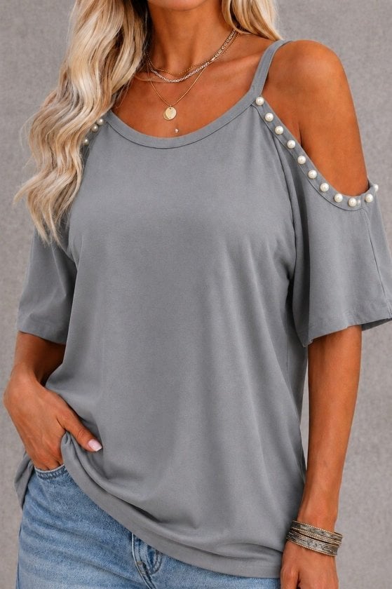 Women's Grey Off-Shoulder Pearl-Trimmed Knit Blouse - Janes - by Peralane - photo 3