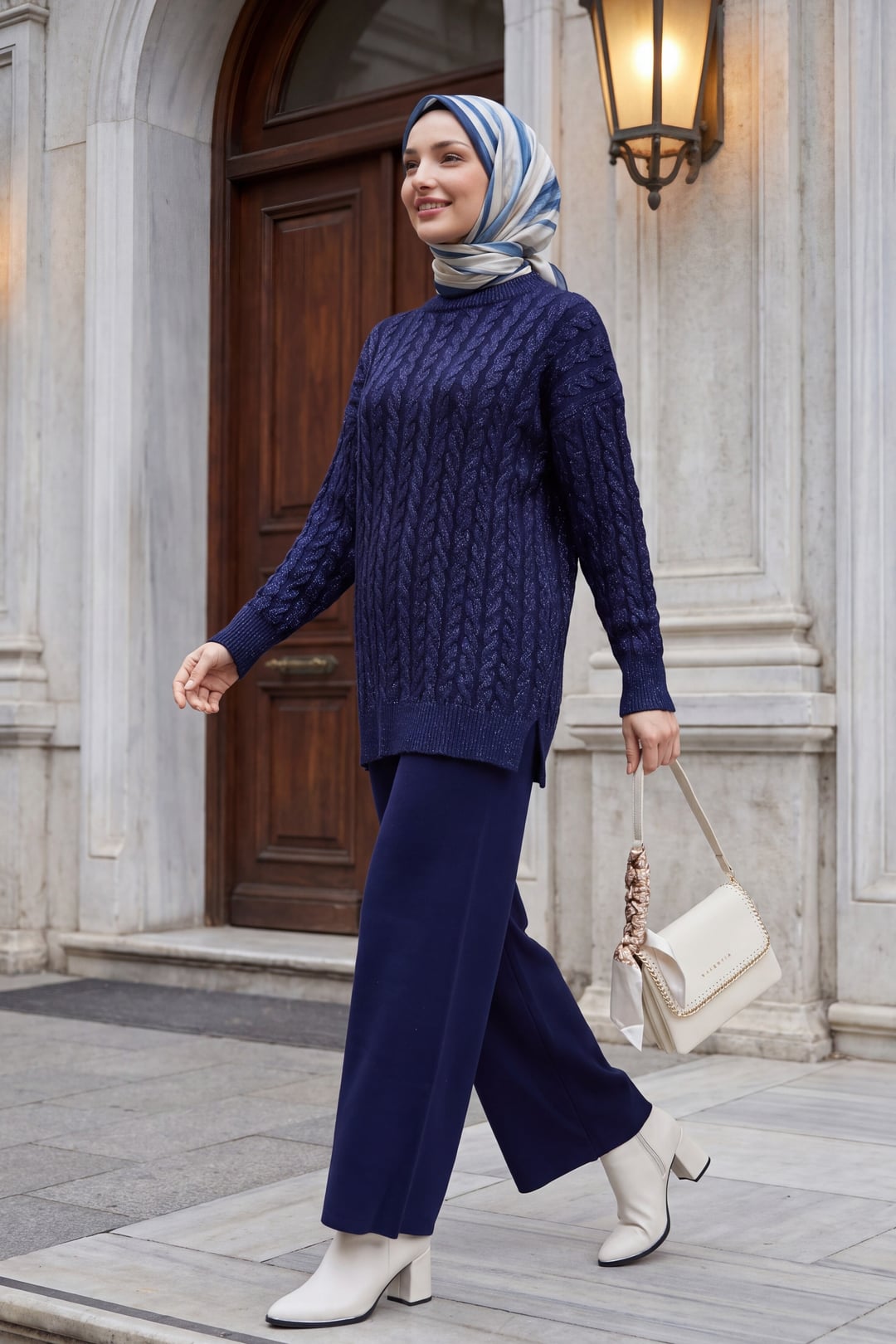 Half High Neck Slit Sequined Basket Knit Two-Piece Set - Navy Blue - Podyumplus - by Peralane - photo 3