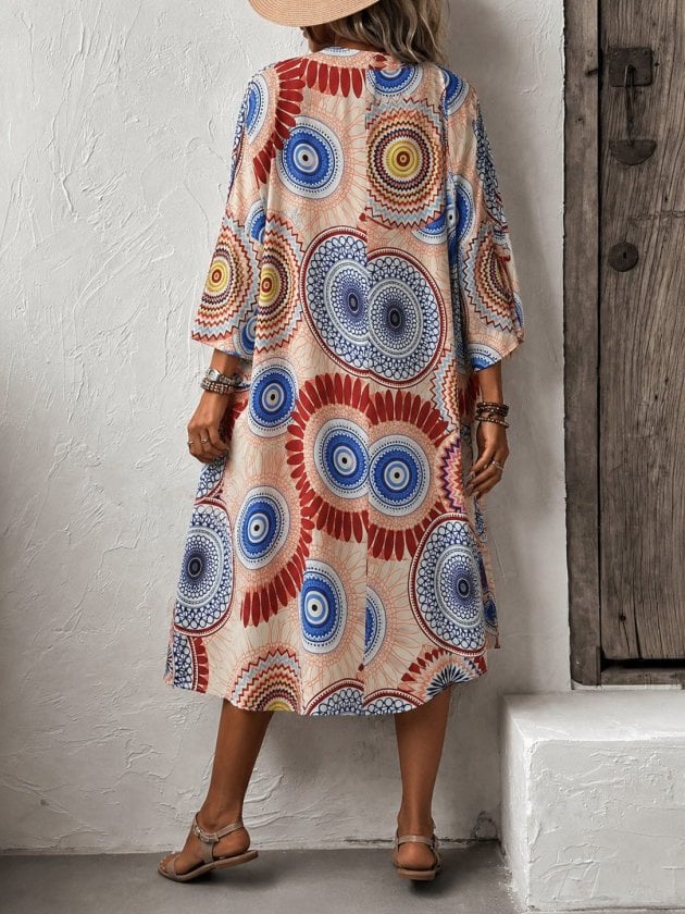 Women's Short-Sleeve Open-Front Tie-Waist Long Kimono with Geometric Print - Janes - by Peralane - photo 2
