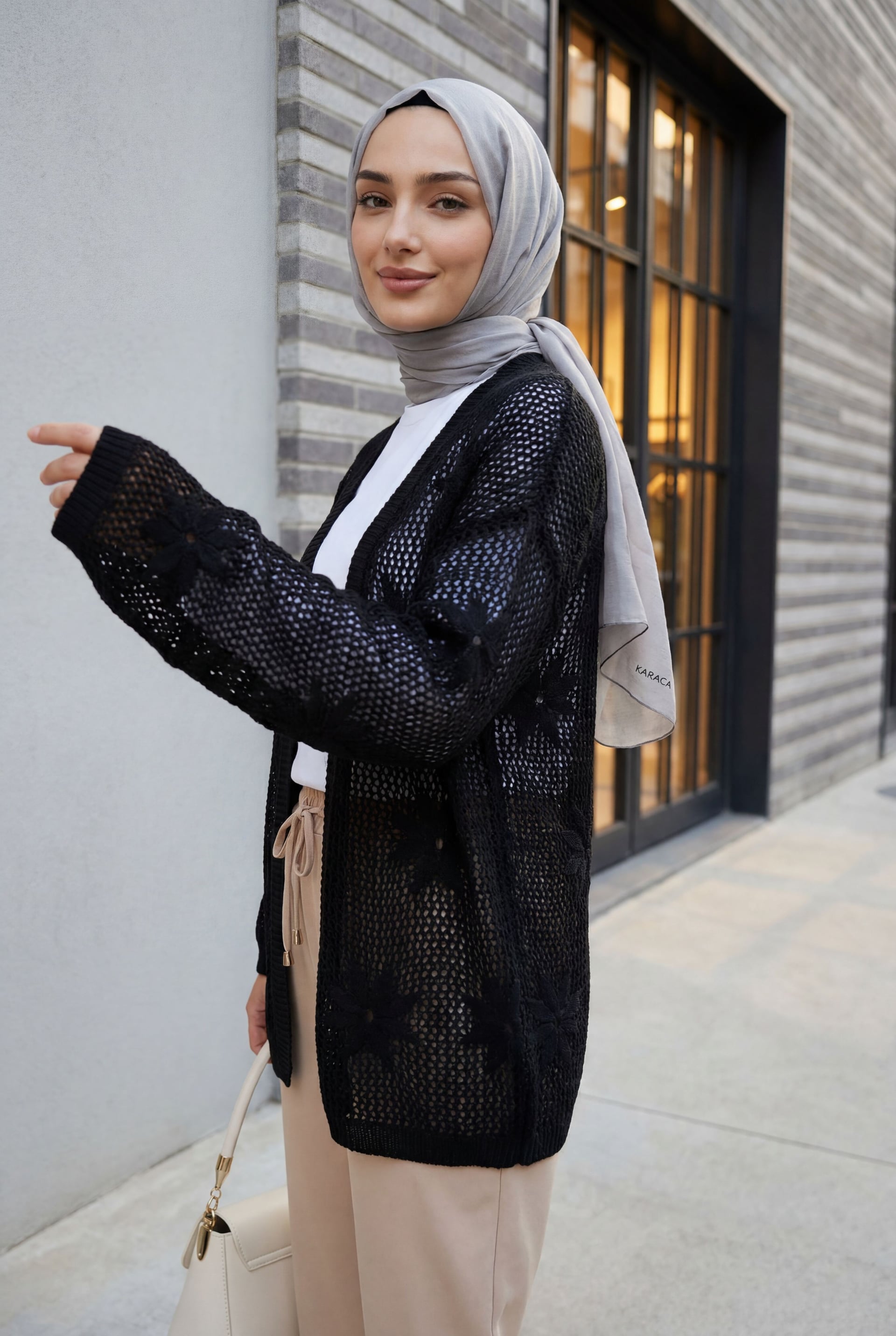 Black Floral Detail Openwork Knit Cardigan - Podyumplus - by Peralane - photo 5