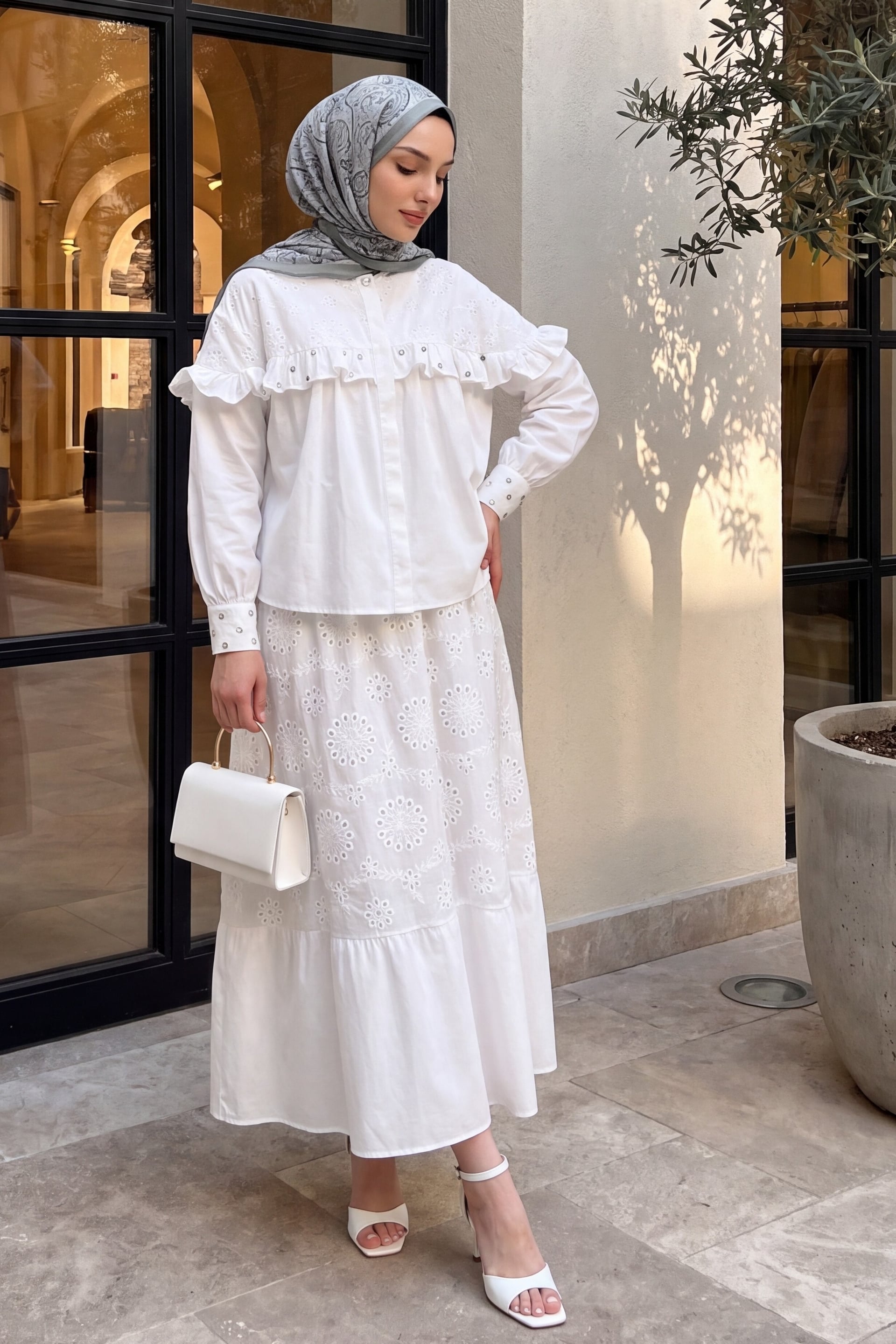 White Modest Two-Piece Set with Ruffled Blouse and Tiered Skirt - Podyumplus - by Peralane