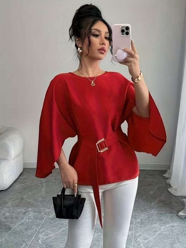 Women's Long Sleeve Round Neck Batwing Sleeve Belted Satin Blouse - Janes - by Peralane