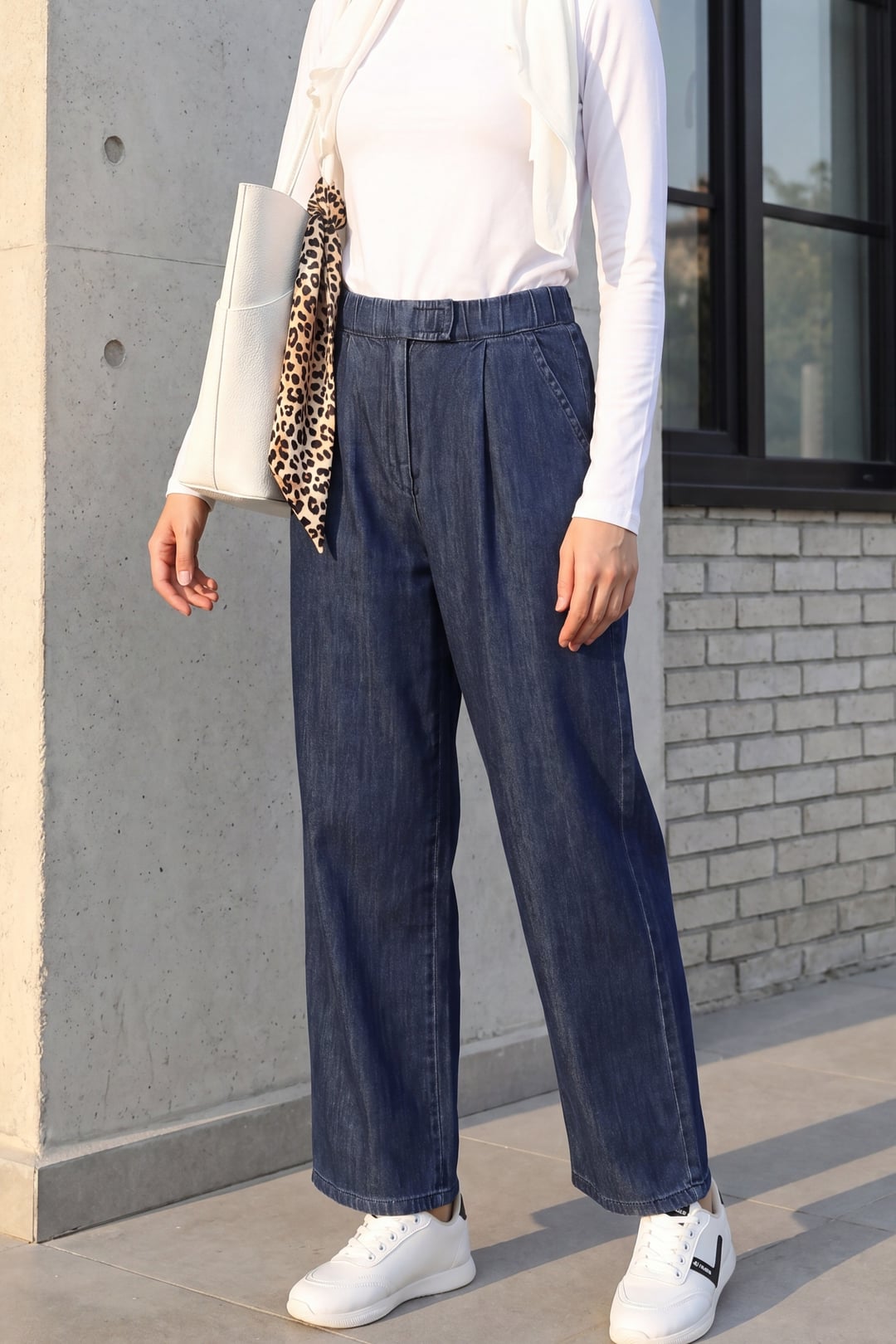 Double Pocket Elasticated Waist Pleated Wide Leg Denim Trousers - Indigo - Podyumplus - by Peralane