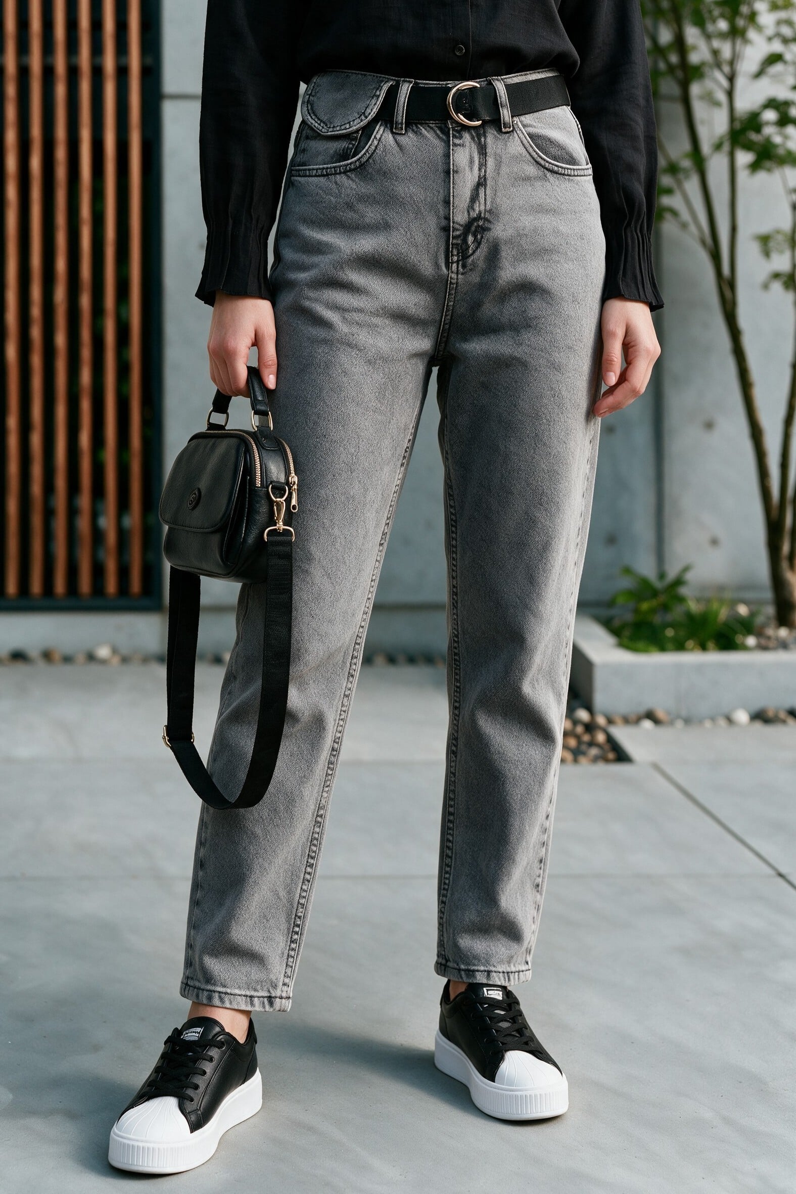 High Waist Belted Denim Trousers with Snap Detail - Smoke Grey - Podyumplus - by Peralane