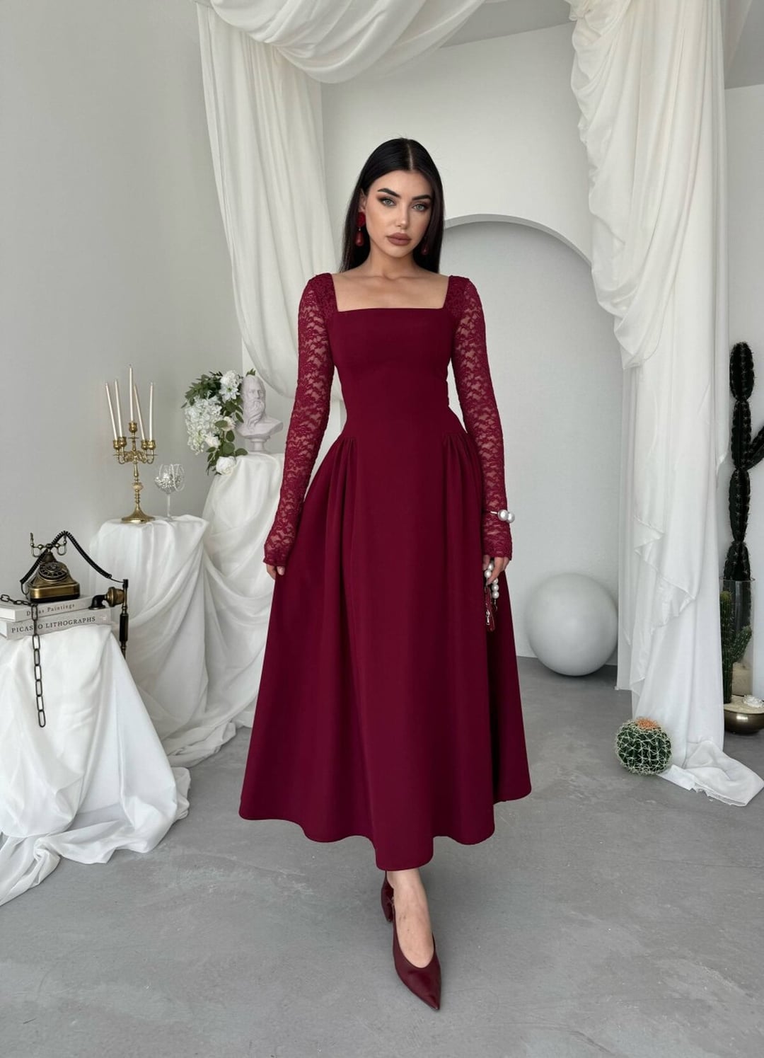 Kukale Midi Dress in Deep Red with Lace Sleeves - Etika - by Peralane - photo 4