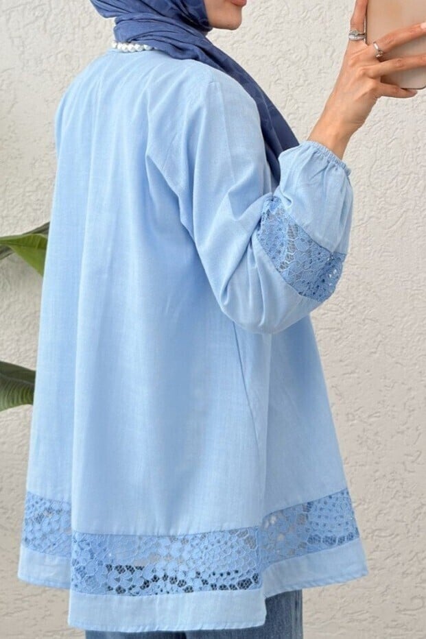Blue Lace Trim Tie-Neck Tunic with Elasticated Cuffs - Podyumplus - by Peralane - photo 12