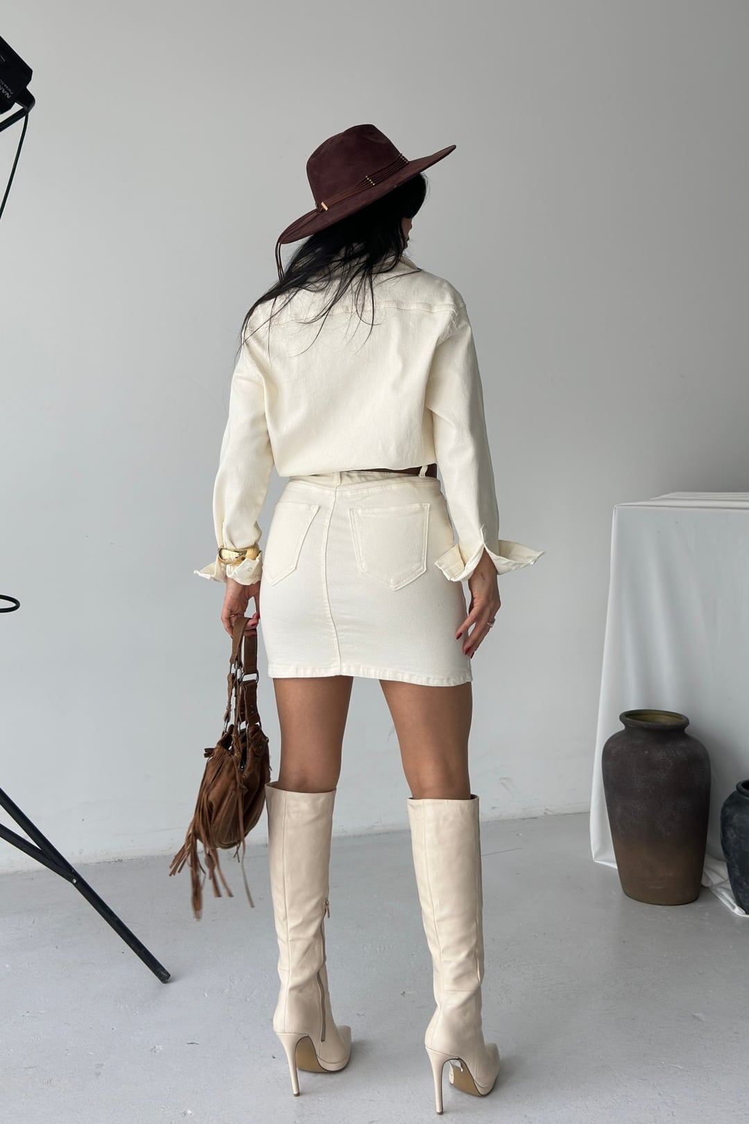Women's Cream Denim Shirt and Mini Skirt Set - 3 Piece Size Assortment - Xlove - by Peralane - photo 5